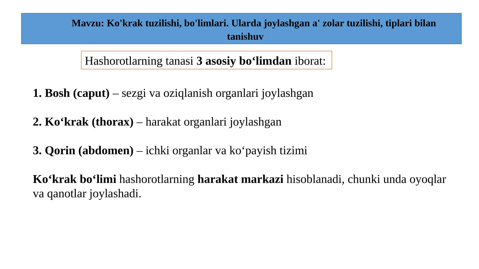 Ko'krak tuzilishi, bo'limlari. Ularda joylashgan a' zolar tuzilishi