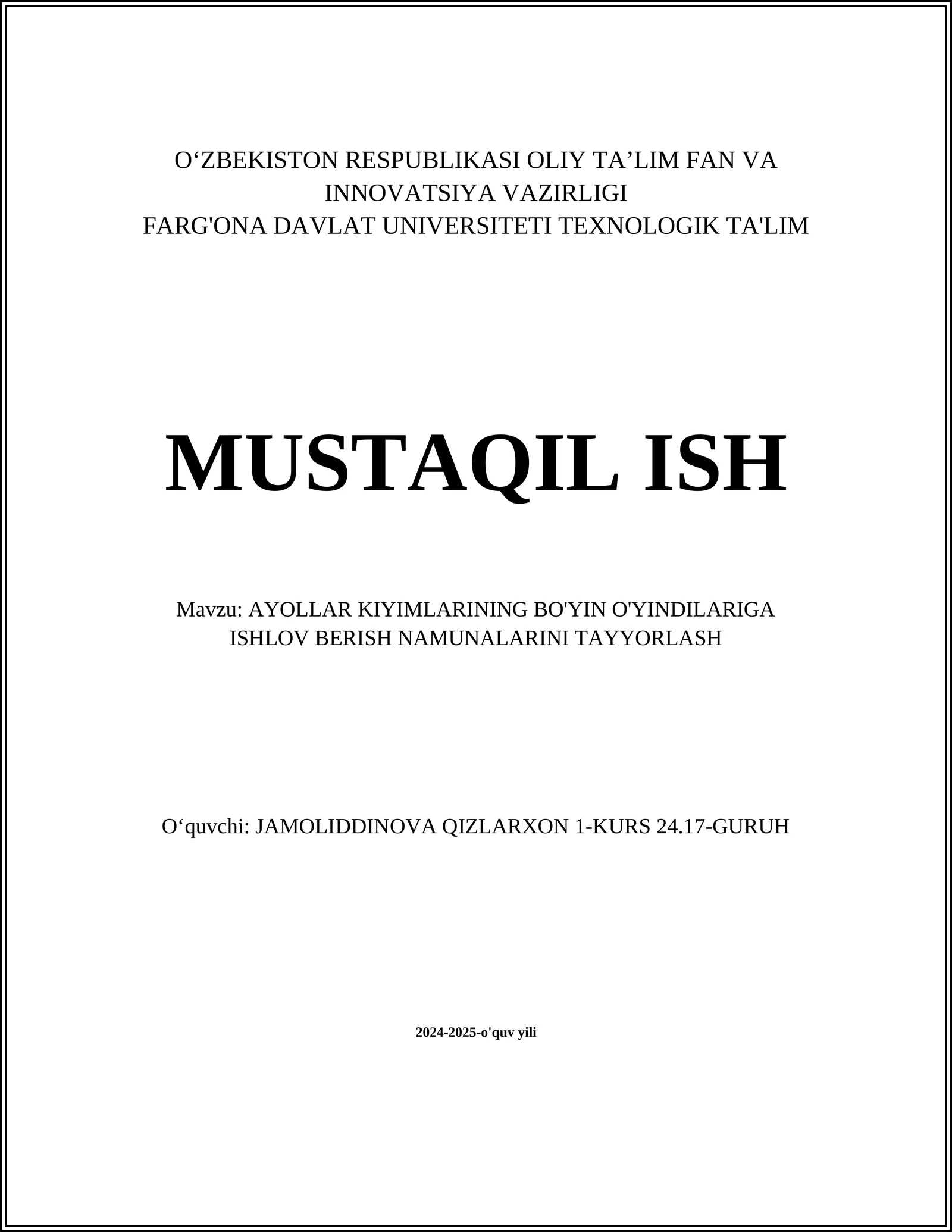 AYOLLAR KIYIMLARINING BO'YIN O'YINDILARIGA ISHLOV BERISH NAMUNALARINI TAYYORLASH