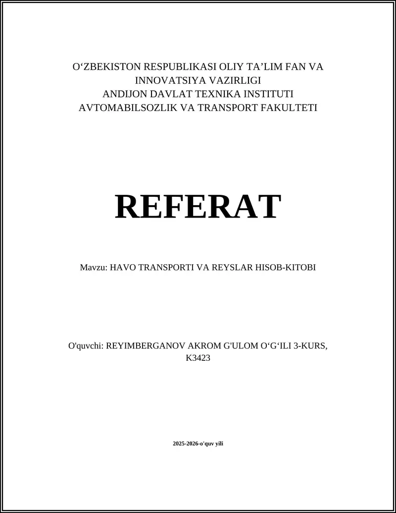 HAVO TRANSPORTI VA REYSLAR HISOB-KITOBI