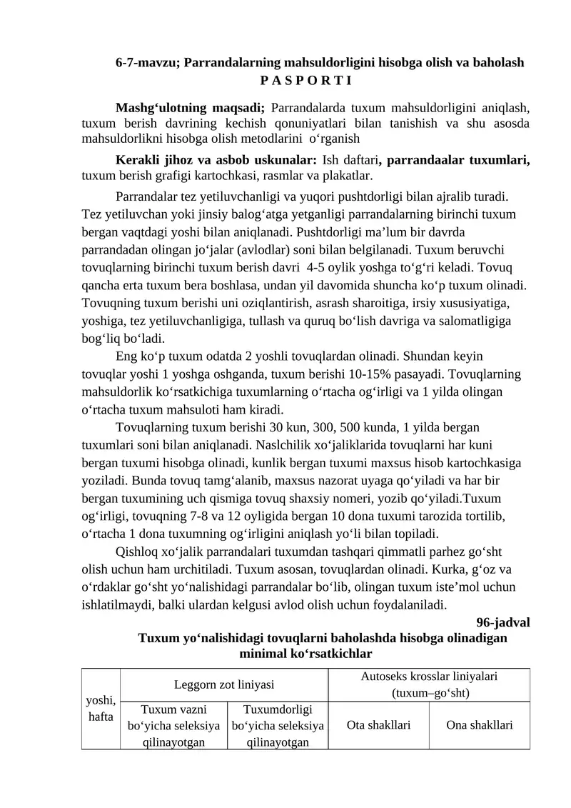 Parrandalarning mahsuldorligini hisobga olish va baholash