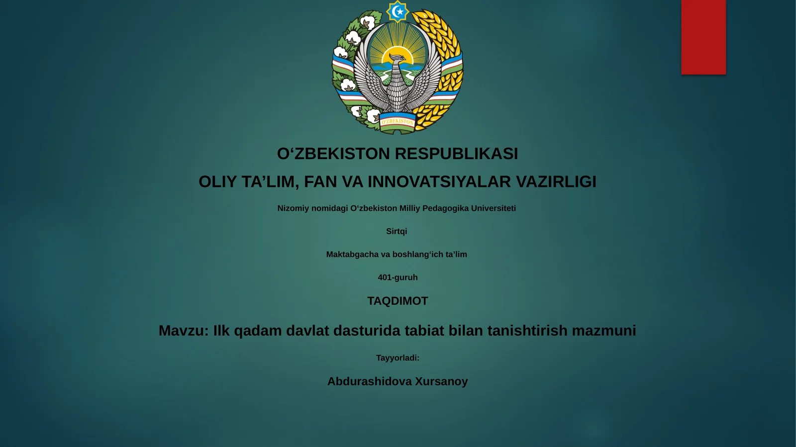 Ilk qadam davlat dasturida tabiat bilan tanishtirish mazmuni