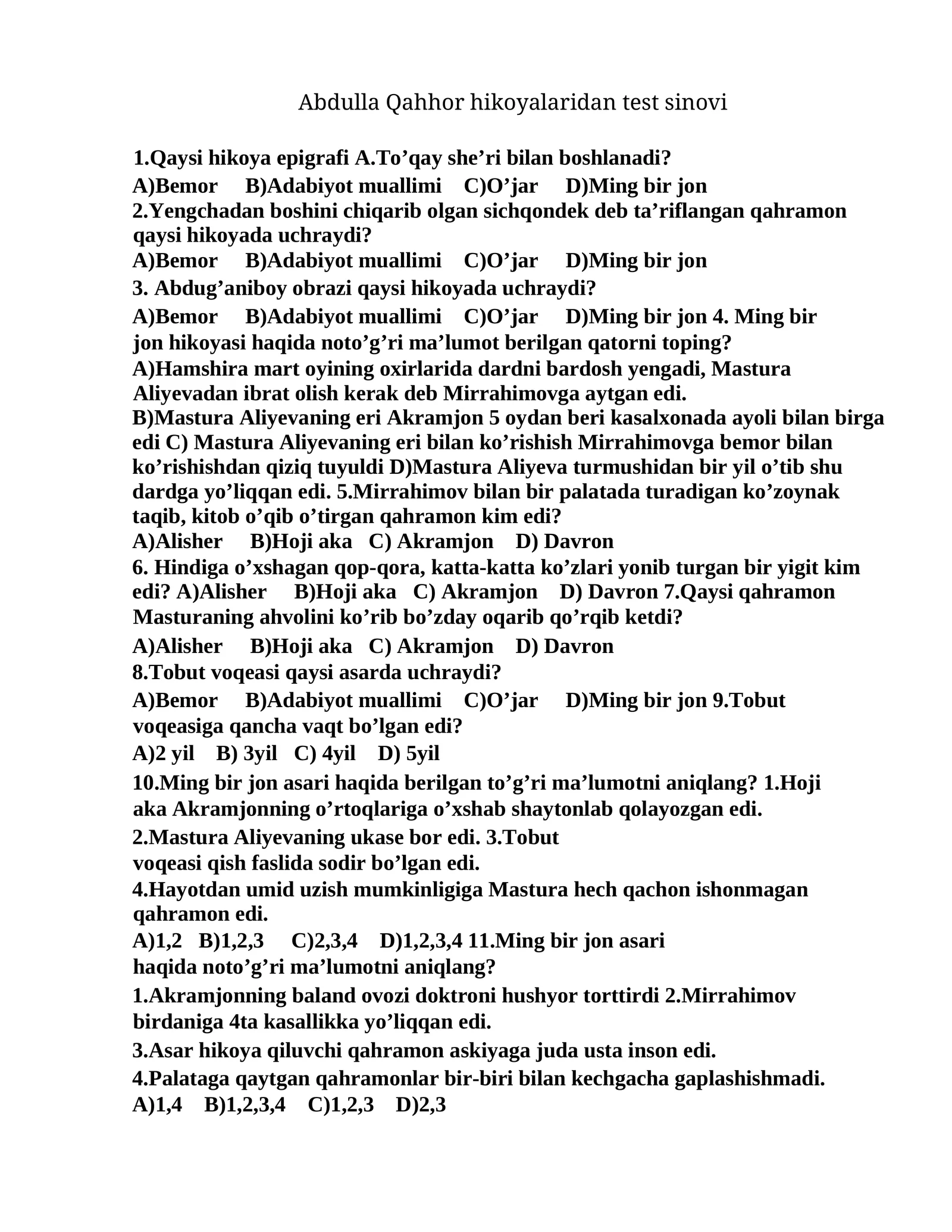 Abdulla Qahhor hikoyalaridan test sinovi