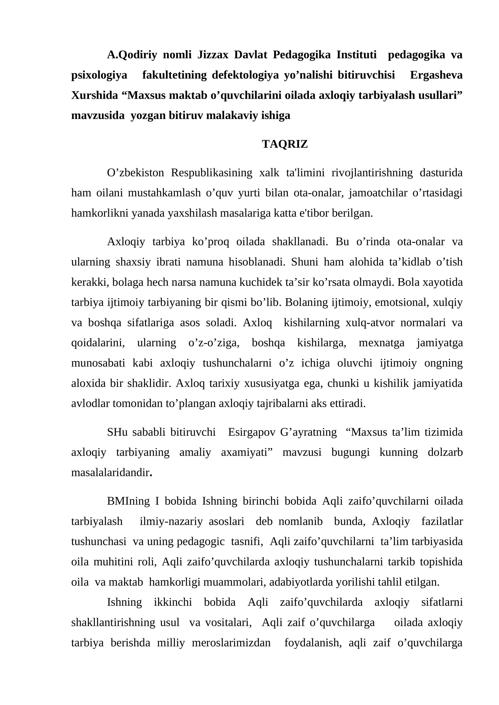 Maxsus maktab o’quvchilarini oilada axloqiy tarbiyalash usullari