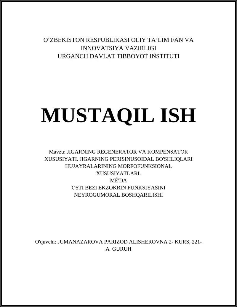 JIGARNING REGENERATOR VA KOMPENSATOR XUSUSIYATI