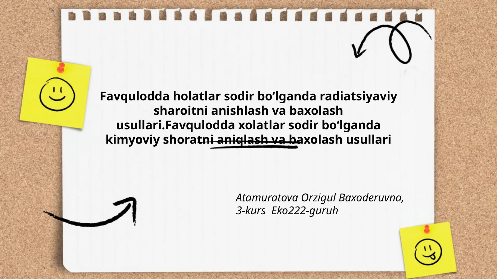 Favqulodda holatlar sodir bo‘lganda radiatsiyaviy sharoitni anishlash va baxolash usullari.Favqulodda xolatlar sodir bo‘lganda kimyoviy shoratni aniqlash va baxolash usullari