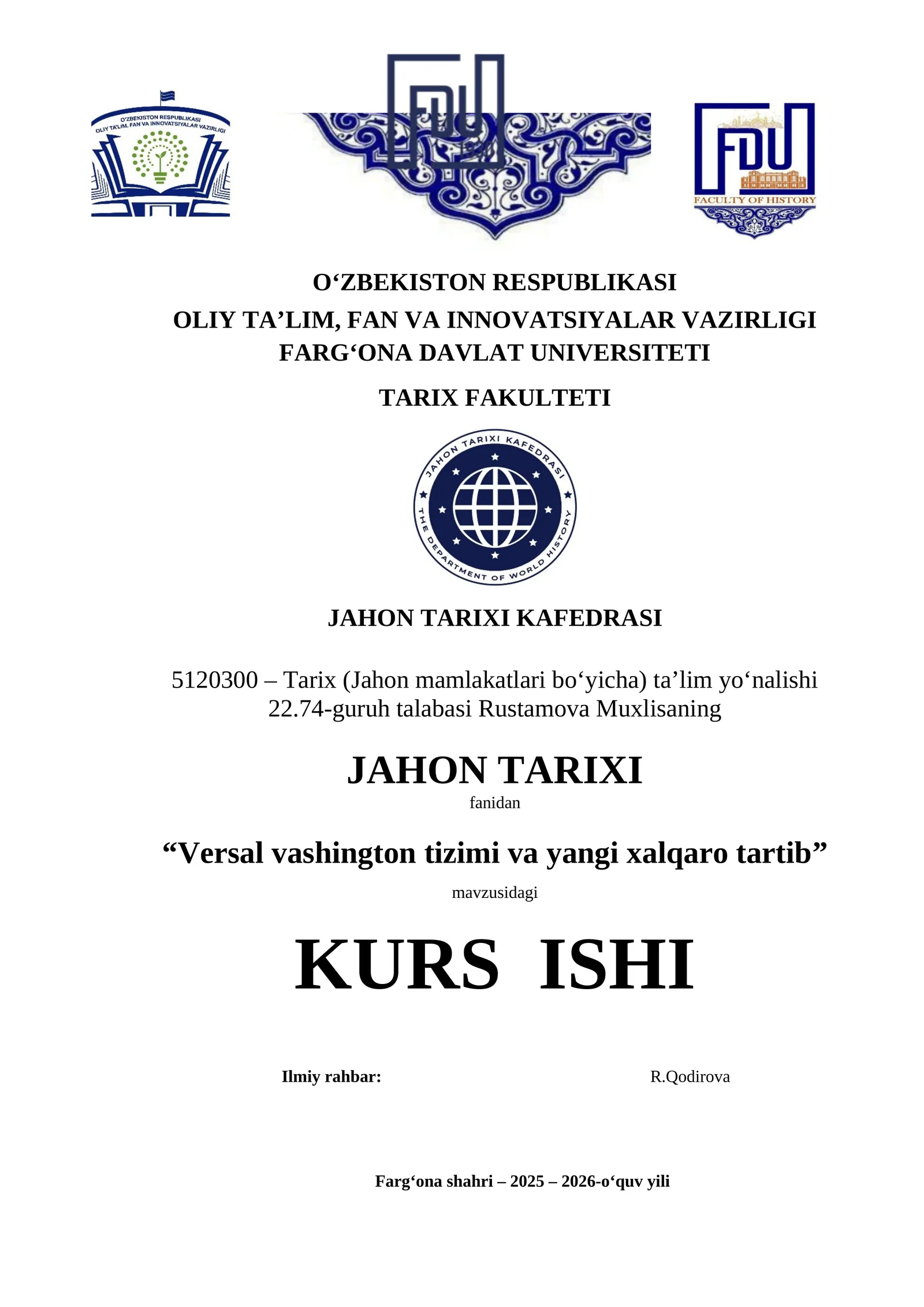 "Versal Vashington tizimi va yangi xalqaro tartib" kurs ishi