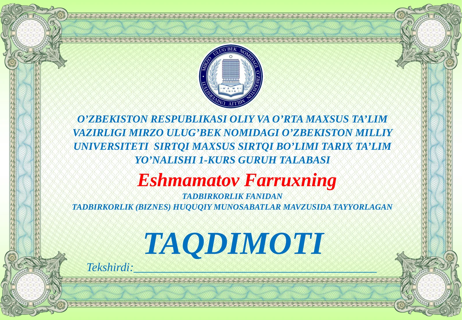 TADBIRKORLIK (BIZNES) HUQUQIY MUNOSABATLAR