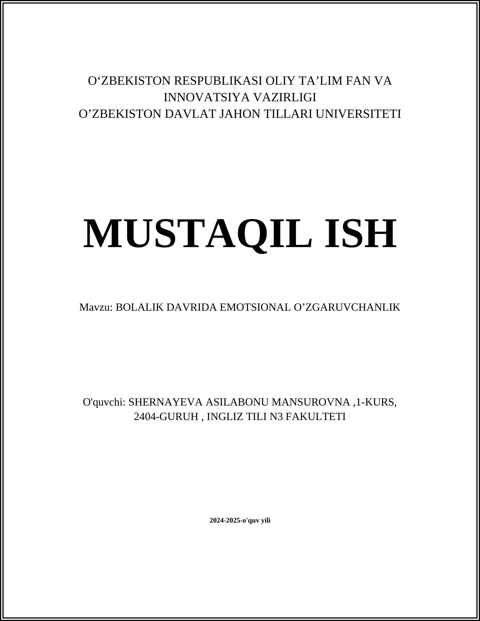 BOLALIK DAVRIDA EMOTSIONAL O’ZGARUVCHANLIK