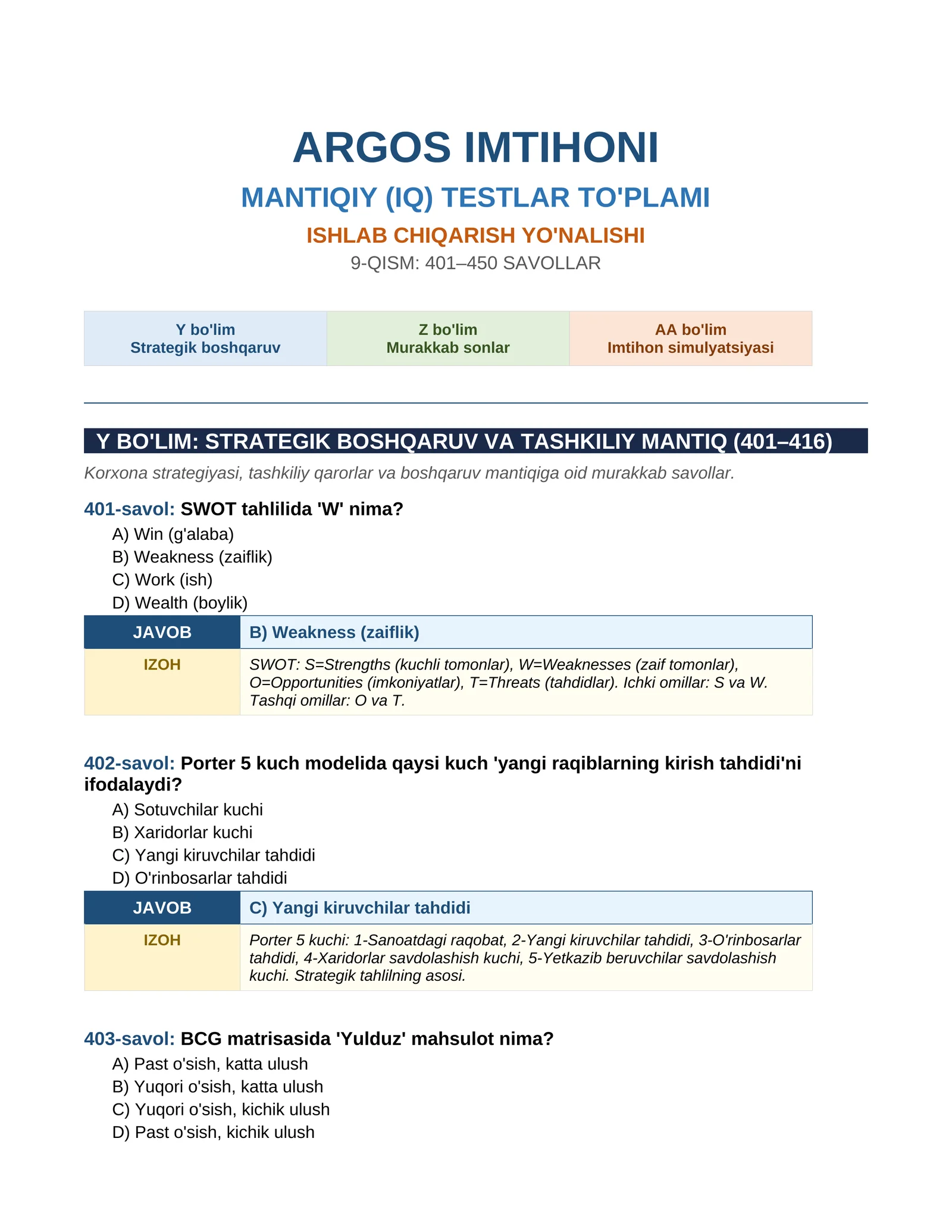 ARGOS IMTIHONI MANTIQIY (IQ) TESTLAR TO'PLAMI