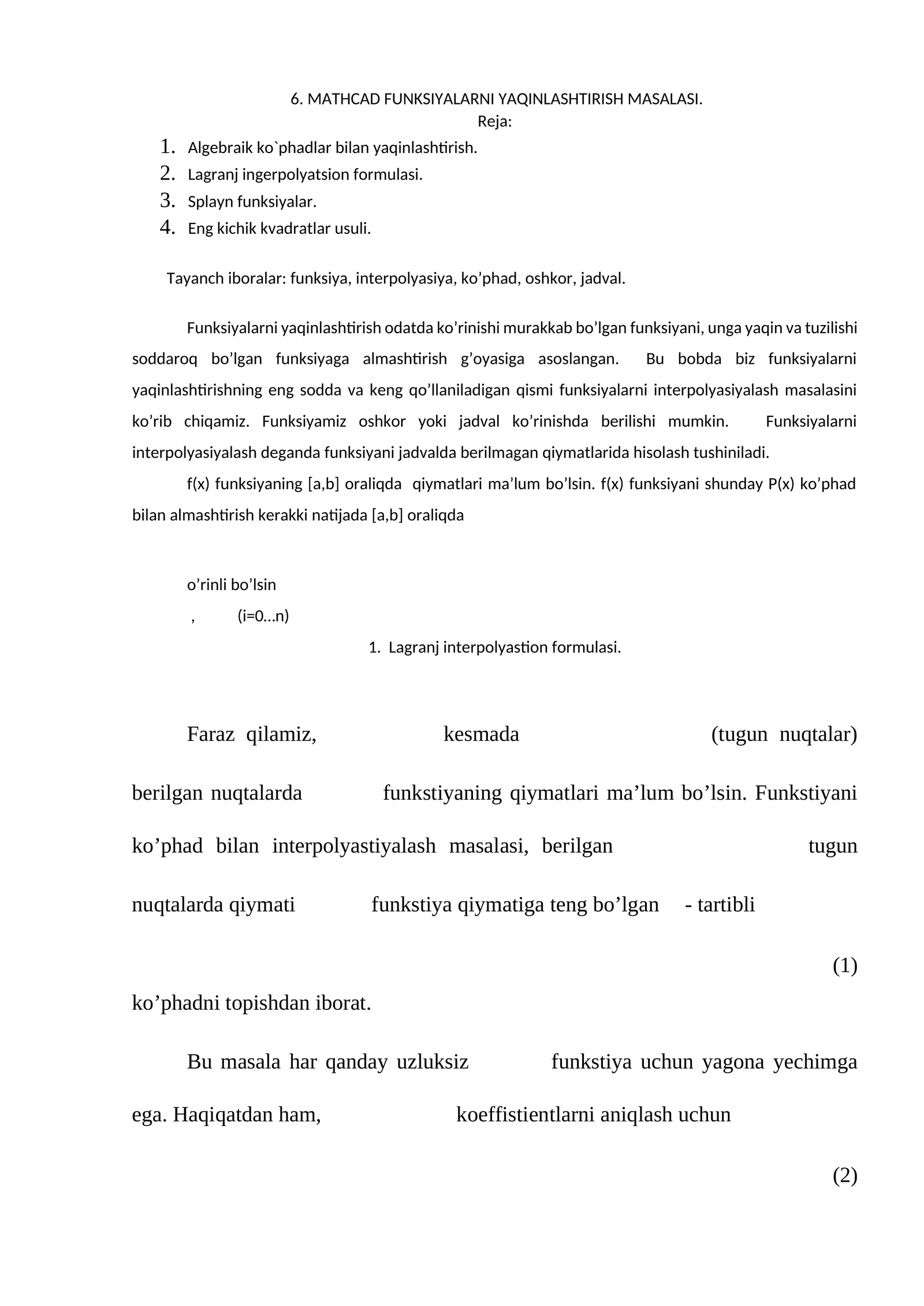 MATHCAD FUNKSIYALARNI YAQINLASHTIRISH MASALASI