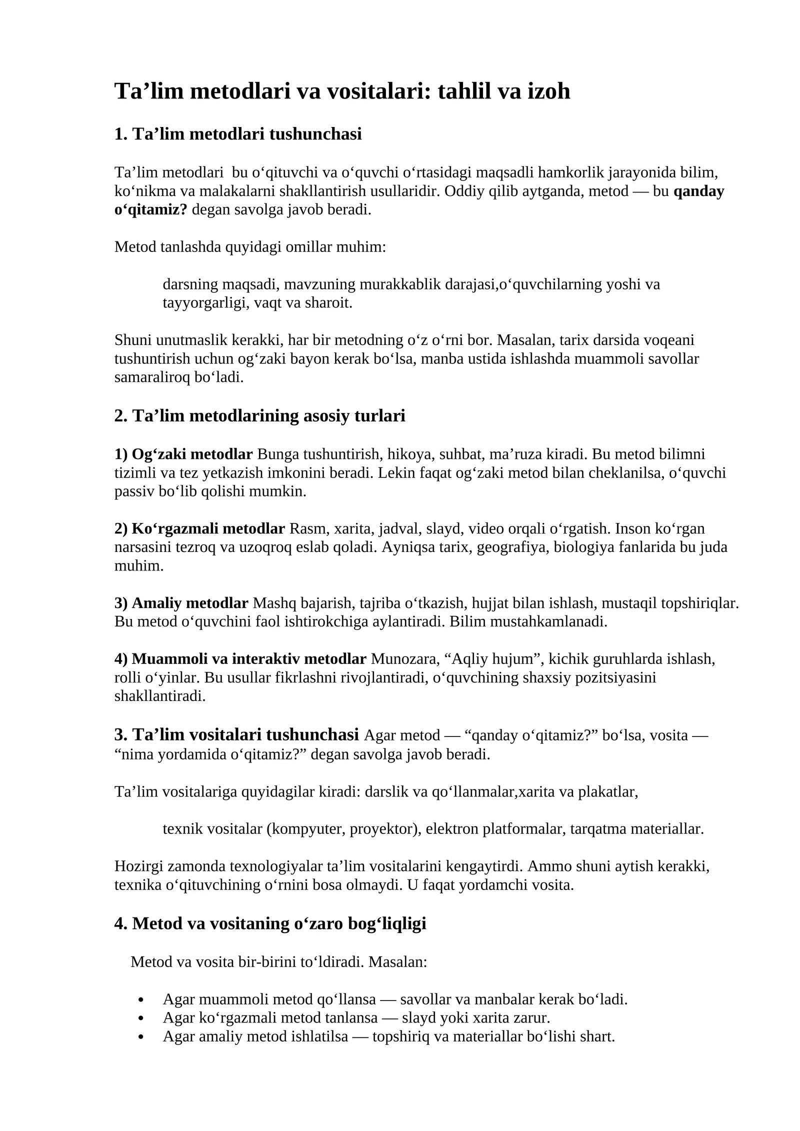 Ta’lim metodlari va vositalari: tahlil va izoh