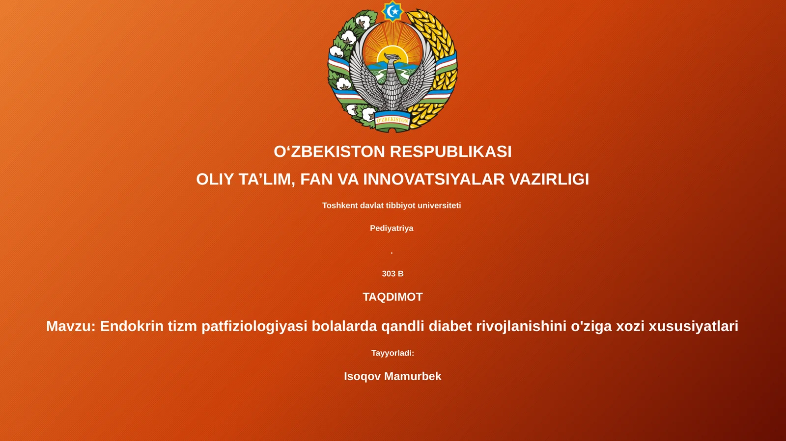 Endokrin tizm patfiziologiyasi bolalarda qandli diabet rivojlanishini o'ziga xozi xususiyatlari