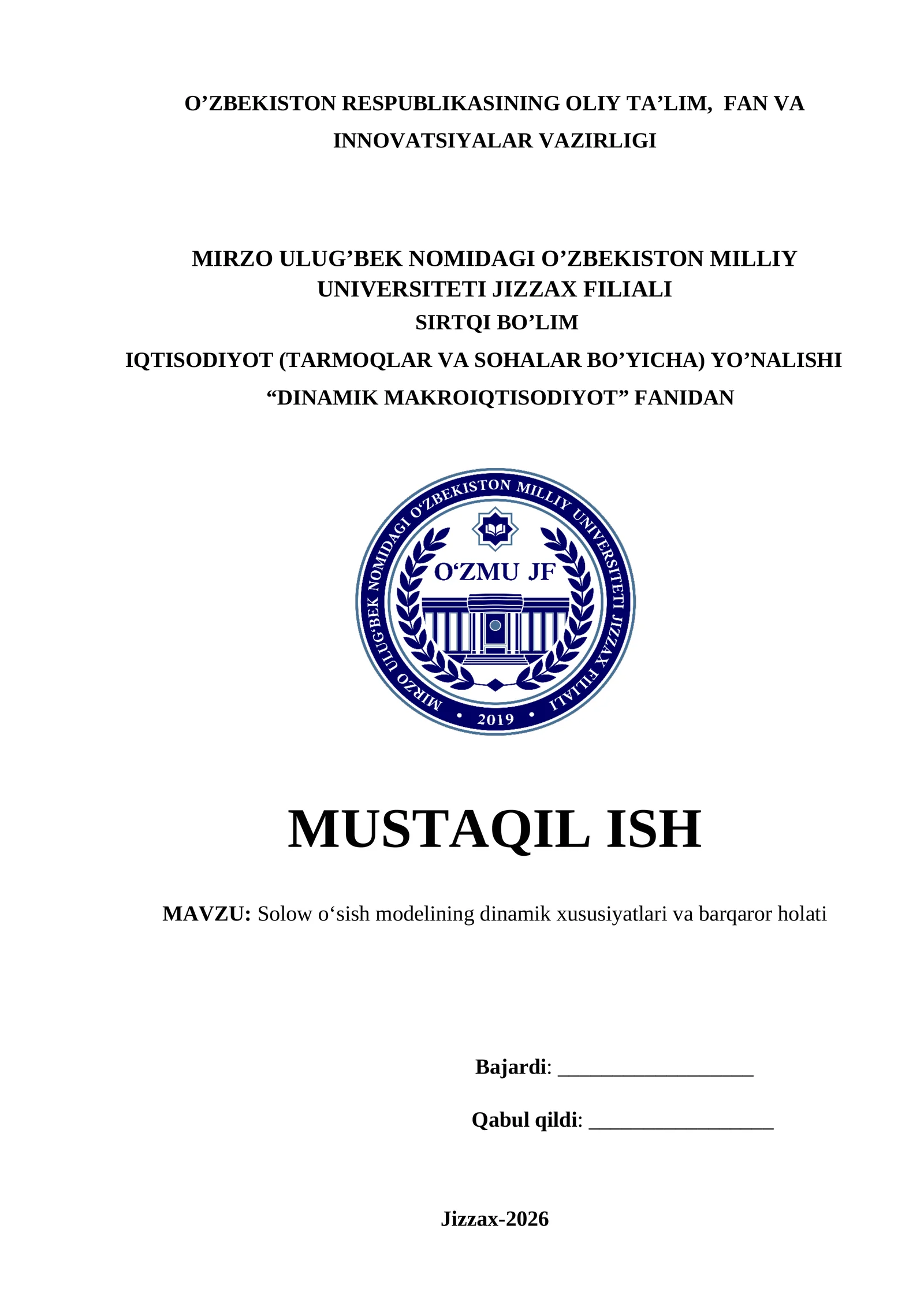 Solow o‘sish modelining dinamik xususiyatlari va barqaror holati
