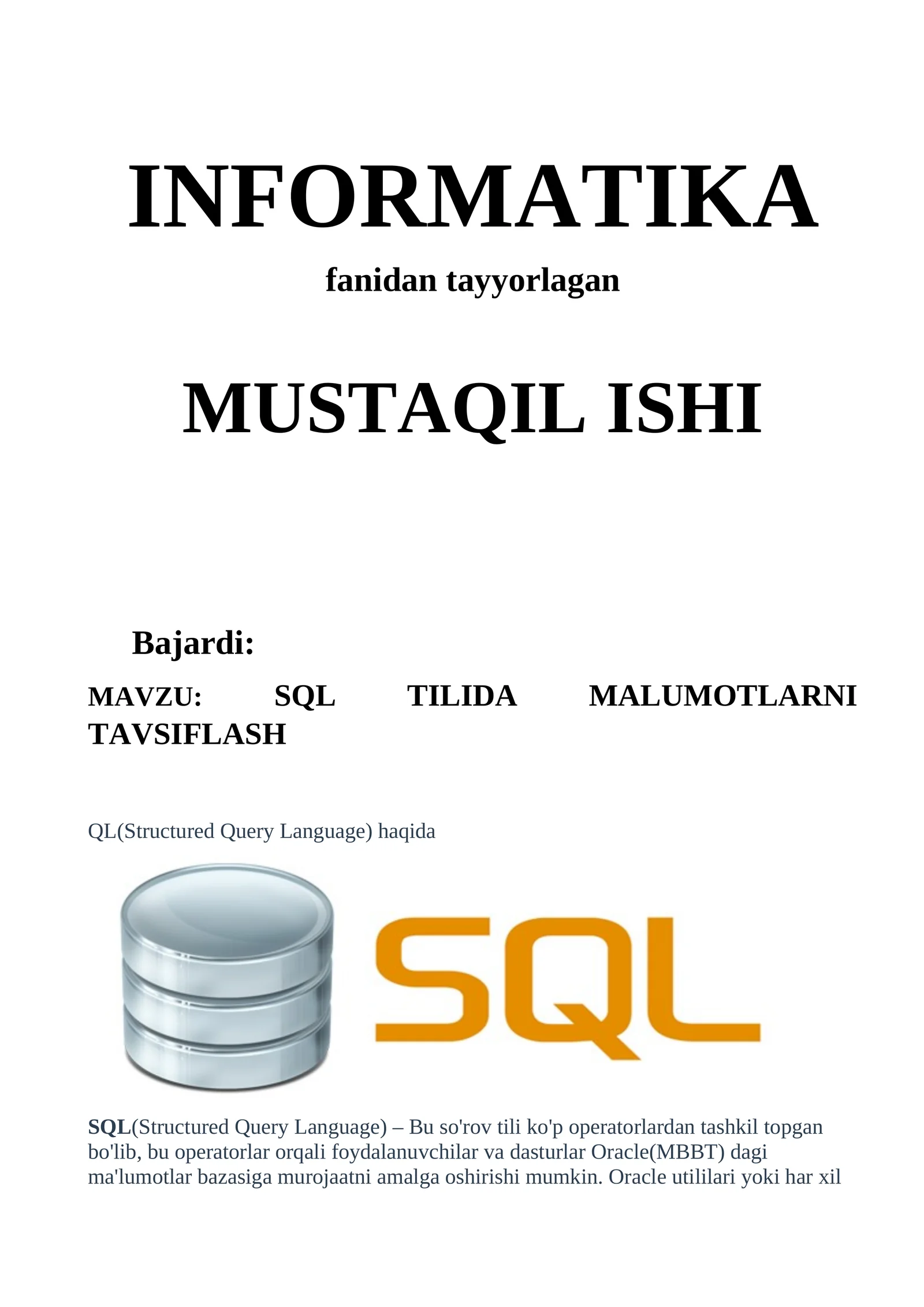 SQL TILIDA MALUMOTLARNI TAVSIFLASH