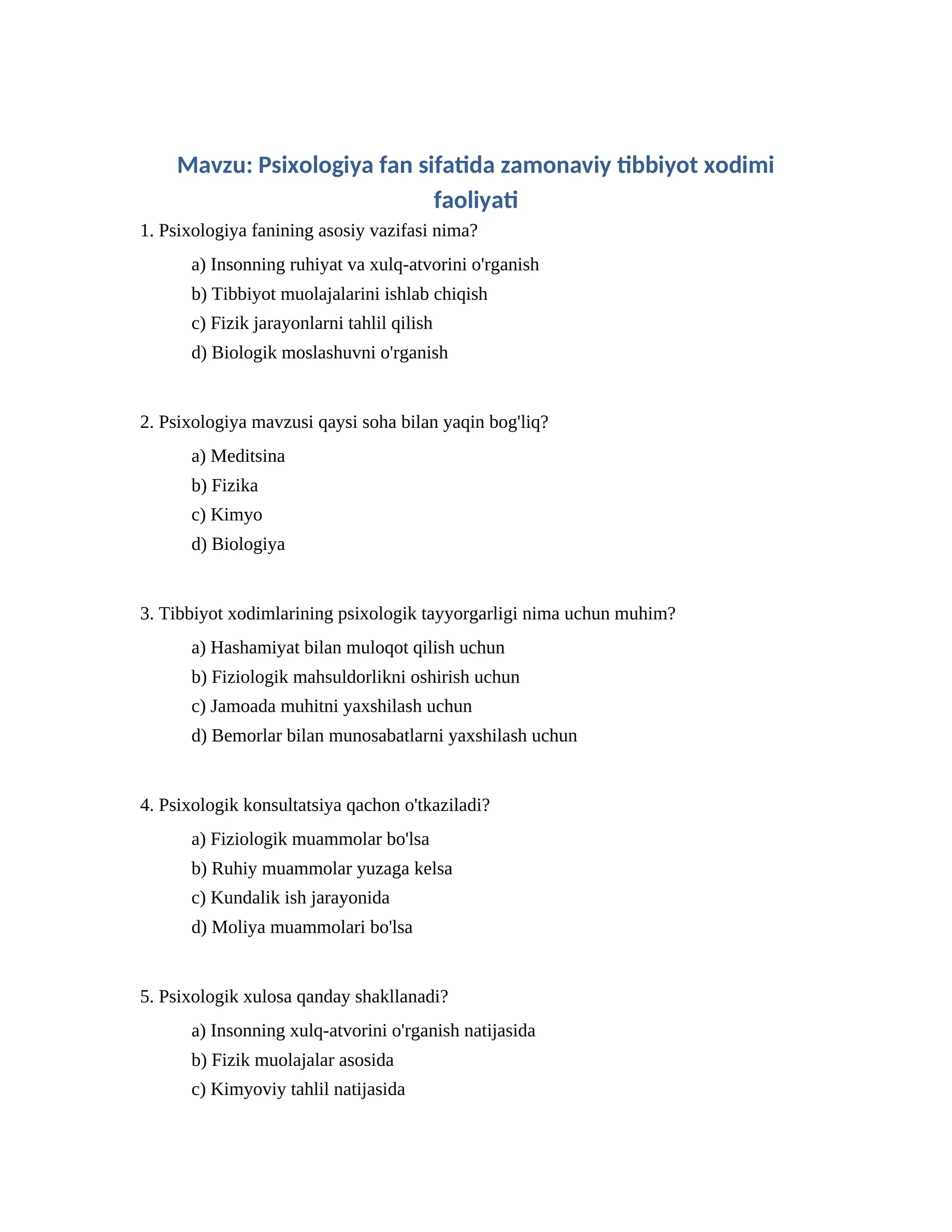 Psixologiya fan sifatida zamonaviy tibbiyot xodimi faoliyati