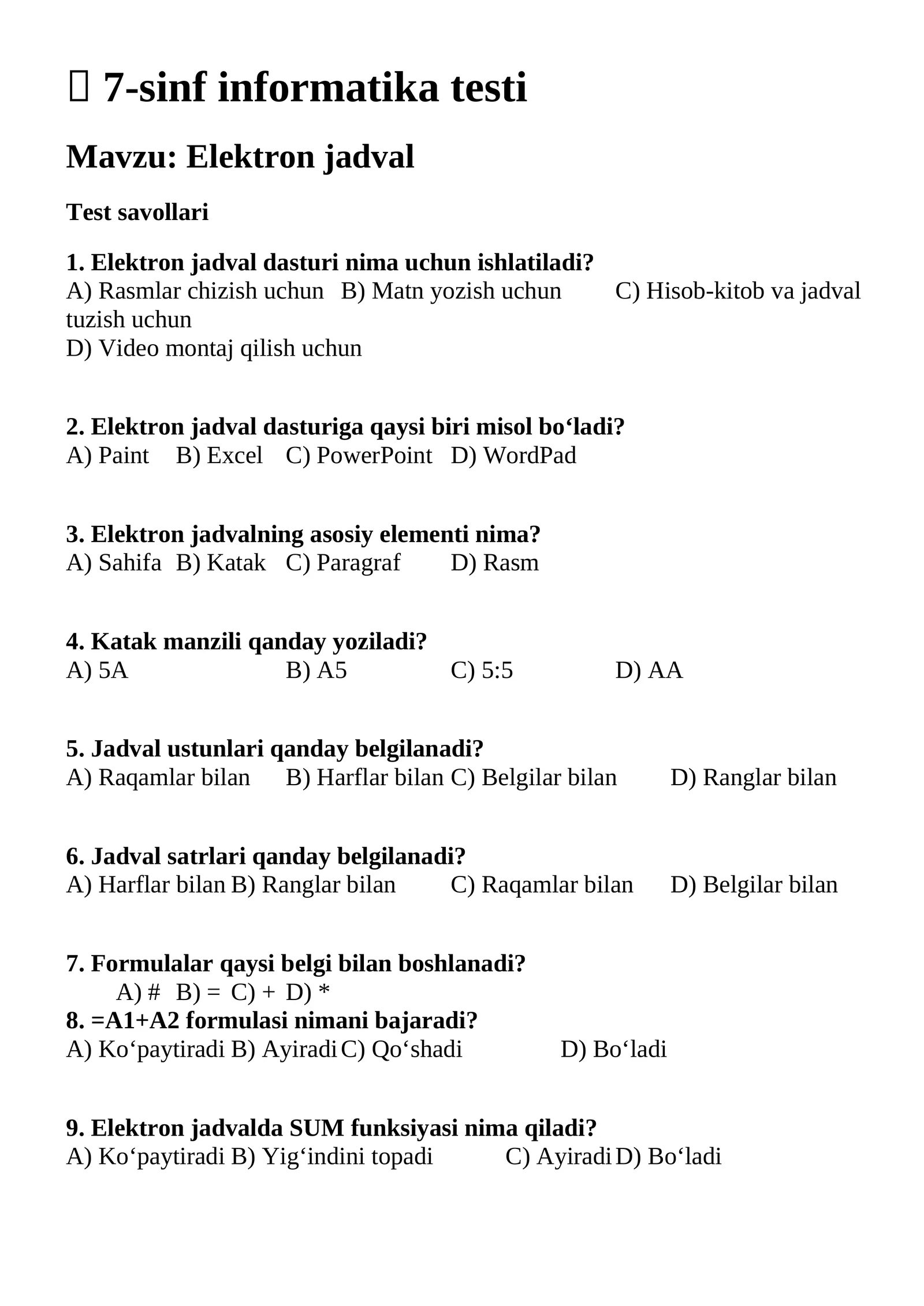 7-sinf informatika testi