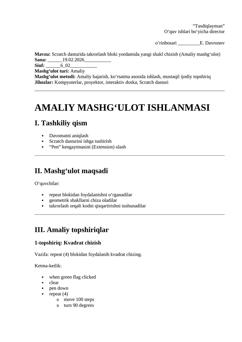 Scratch dasturida takrorlash bloki yordamida yangi shakl chizish