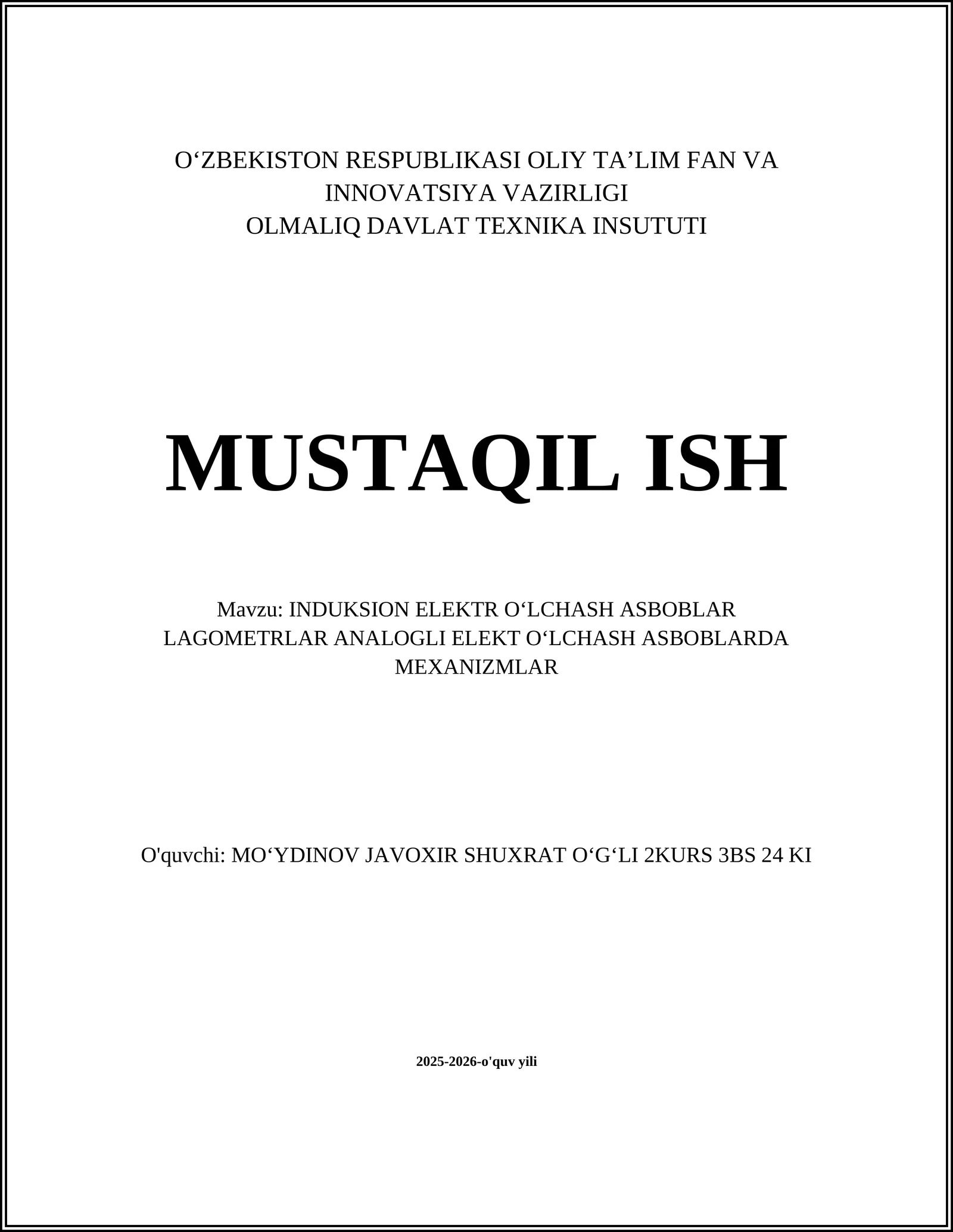 INDUKSION ELEKTR OʻLCHASH ASBOBLAR LAGOMETRLAR ANALOGLI ELEKT OʻLCHASH ASBOBLARDA MEXANIZMLAR