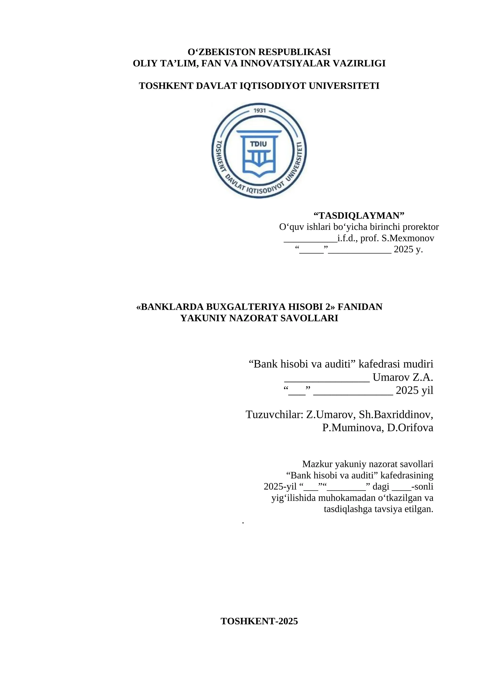 Banklarda buxgalteriya hisobi Yakuniy 2026 yil