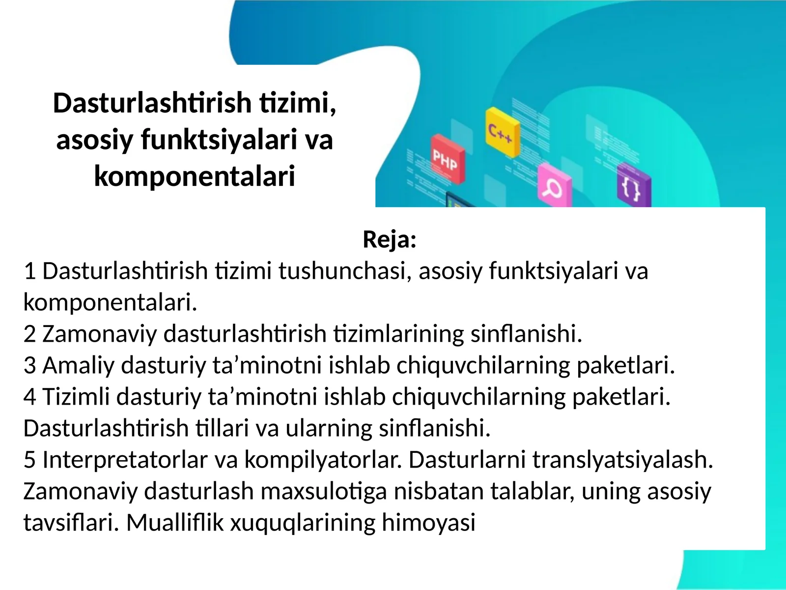 Dasturlashtirish tizimi, asosiy funktsiyalari va komponentalari