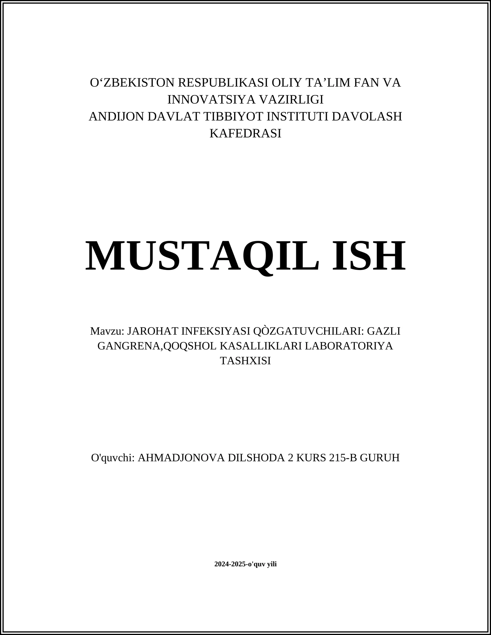 JAROHAT INFEKSIYASI QÒZGATUVCHILARI: GAZLI GANGRENA,QOQSHOL KASALLIKLARI LABORATORIYA TASHXISI