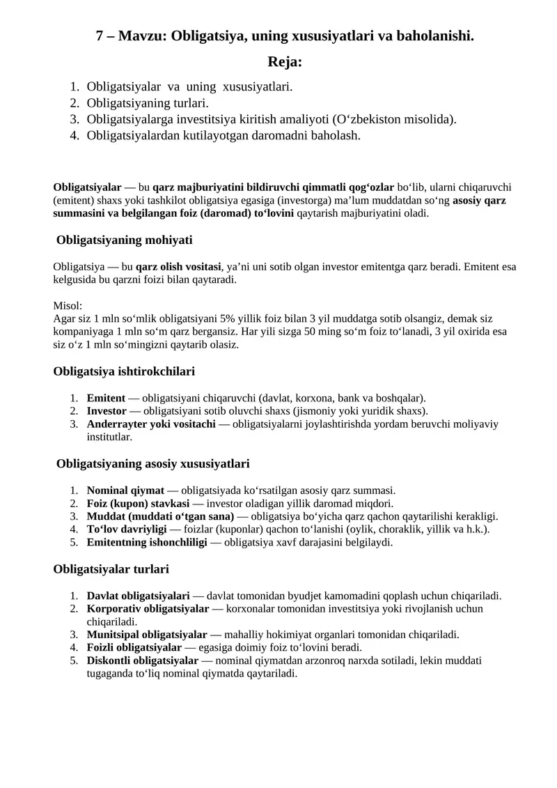 Obligatsiya, uning xususiyatlari va baholanishi