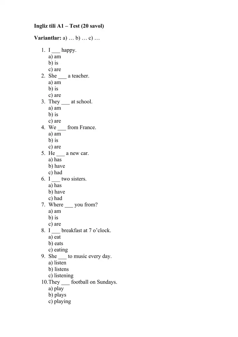 Ingliz tili A1 daraja testi