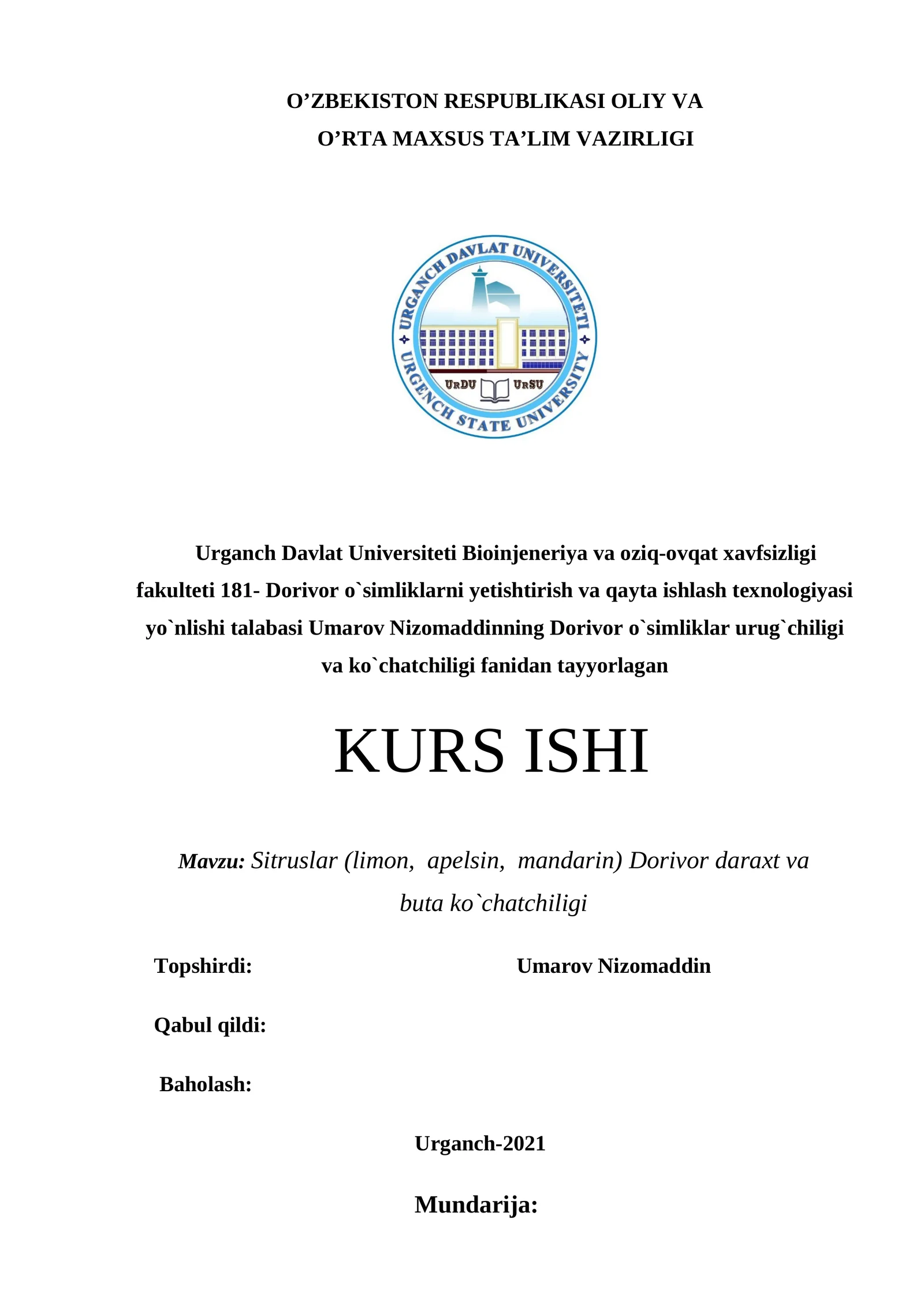 Sitruslar (limon, apelsin, mandarin) Dorivor daraxt va buta ko`chatchiligi