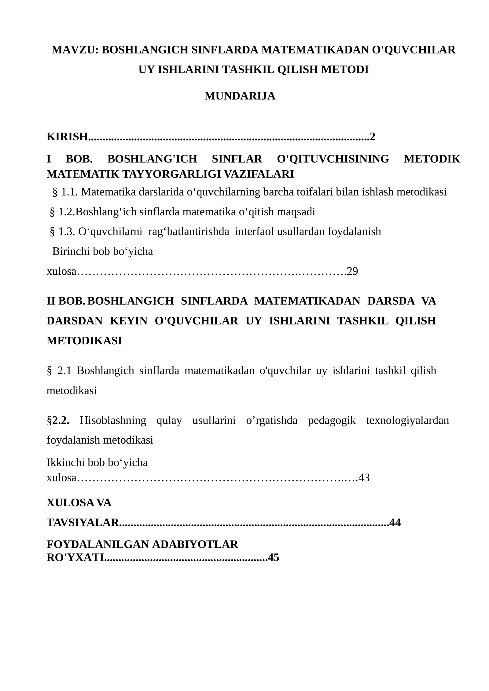 BOSHLANGICH SINFLARDA MATEMATIKADAN O'QUVCHILAR UY ISHLARINI TASHKIL QILISH METODI
