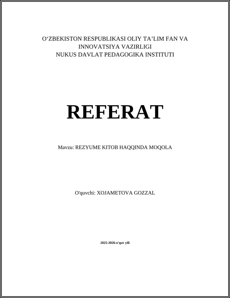 REZYUME KITOB HAQQINDA MOQOLA