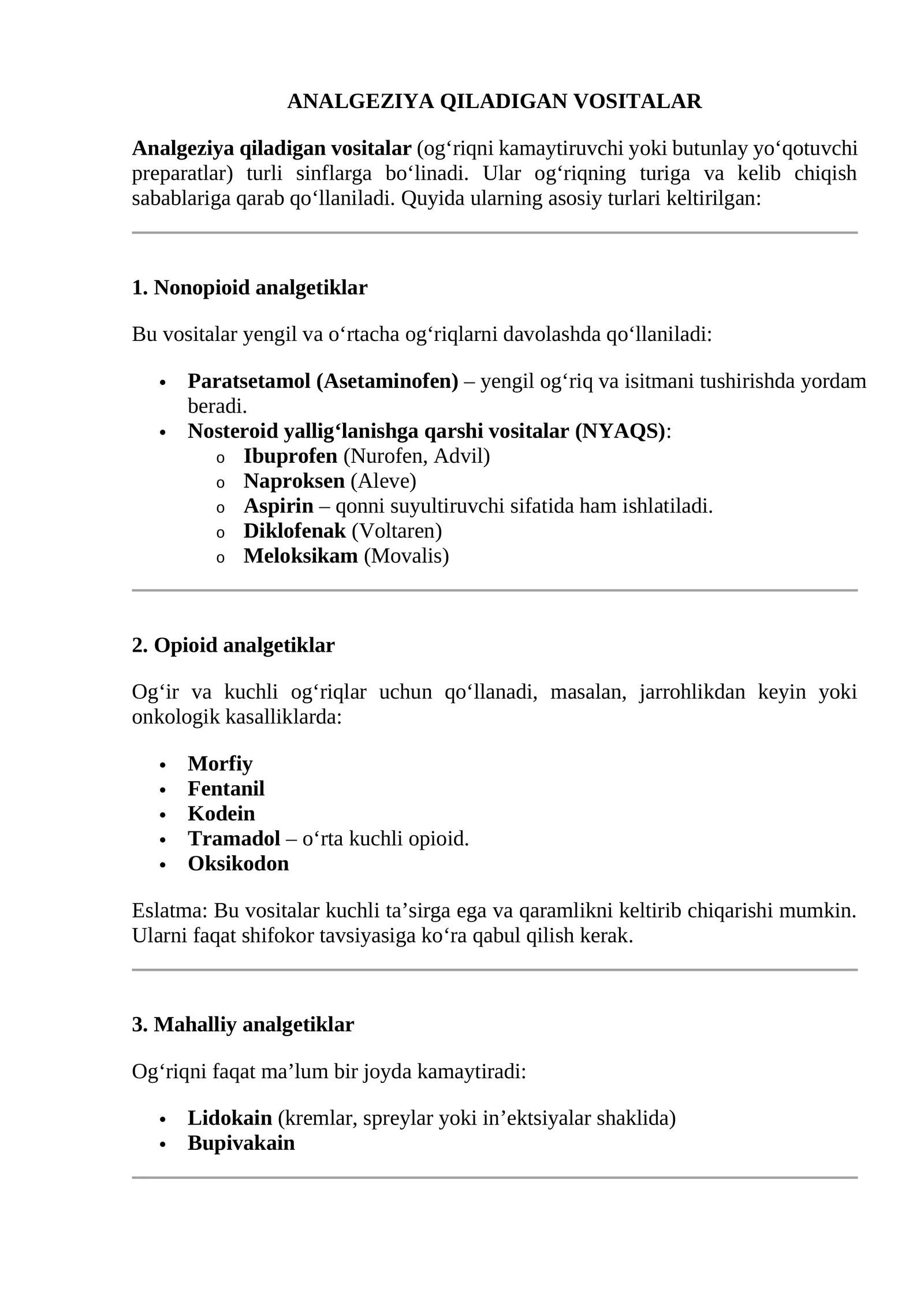 ANALGEZIYA QILADIGAN VOSITALAR