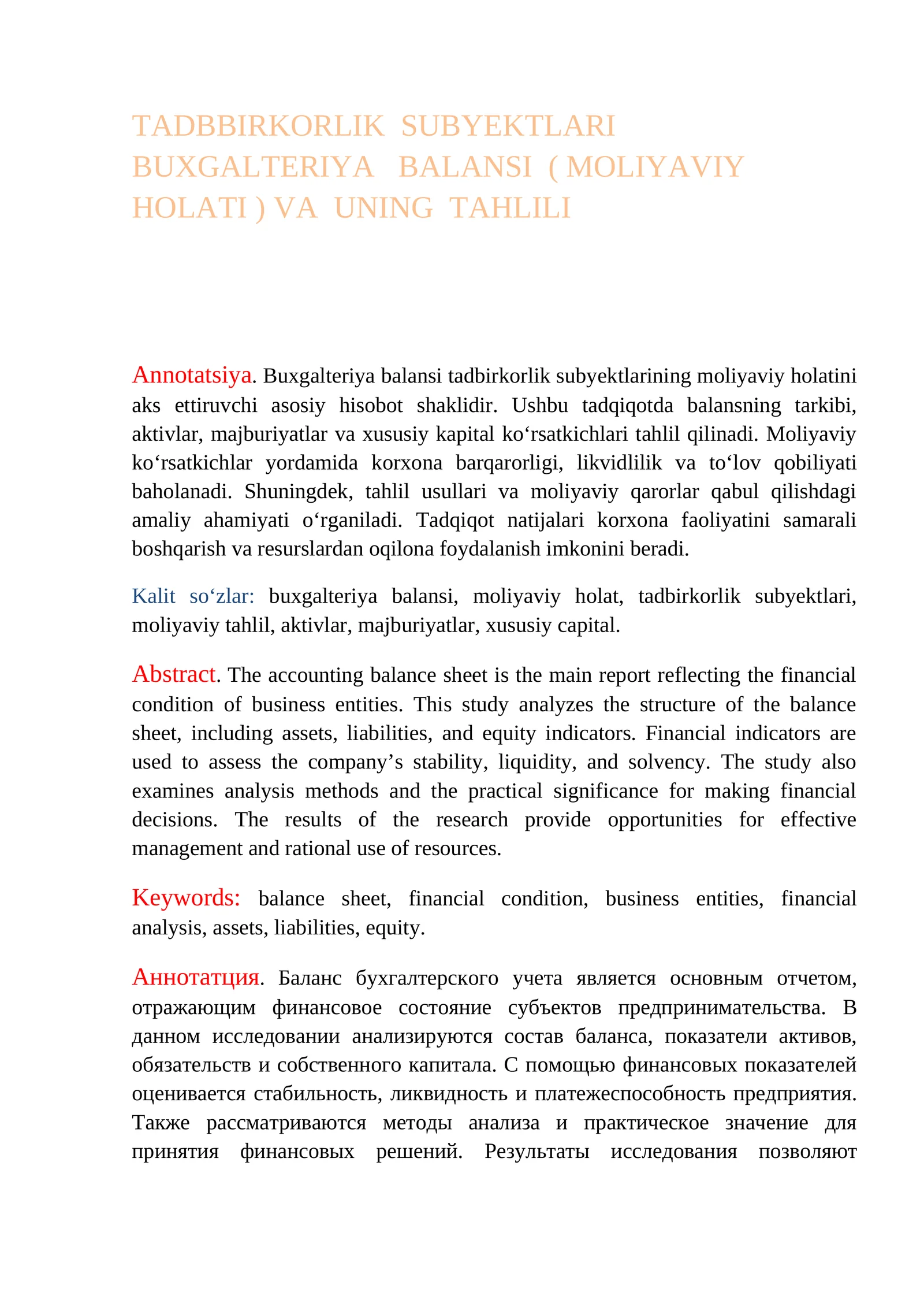 TADBBIRKORLIK SUBYEKTLARI BUXGALTERIYA BALANSI ( MOLIYAVIY HOLATI ) VA UNING TAHLILI