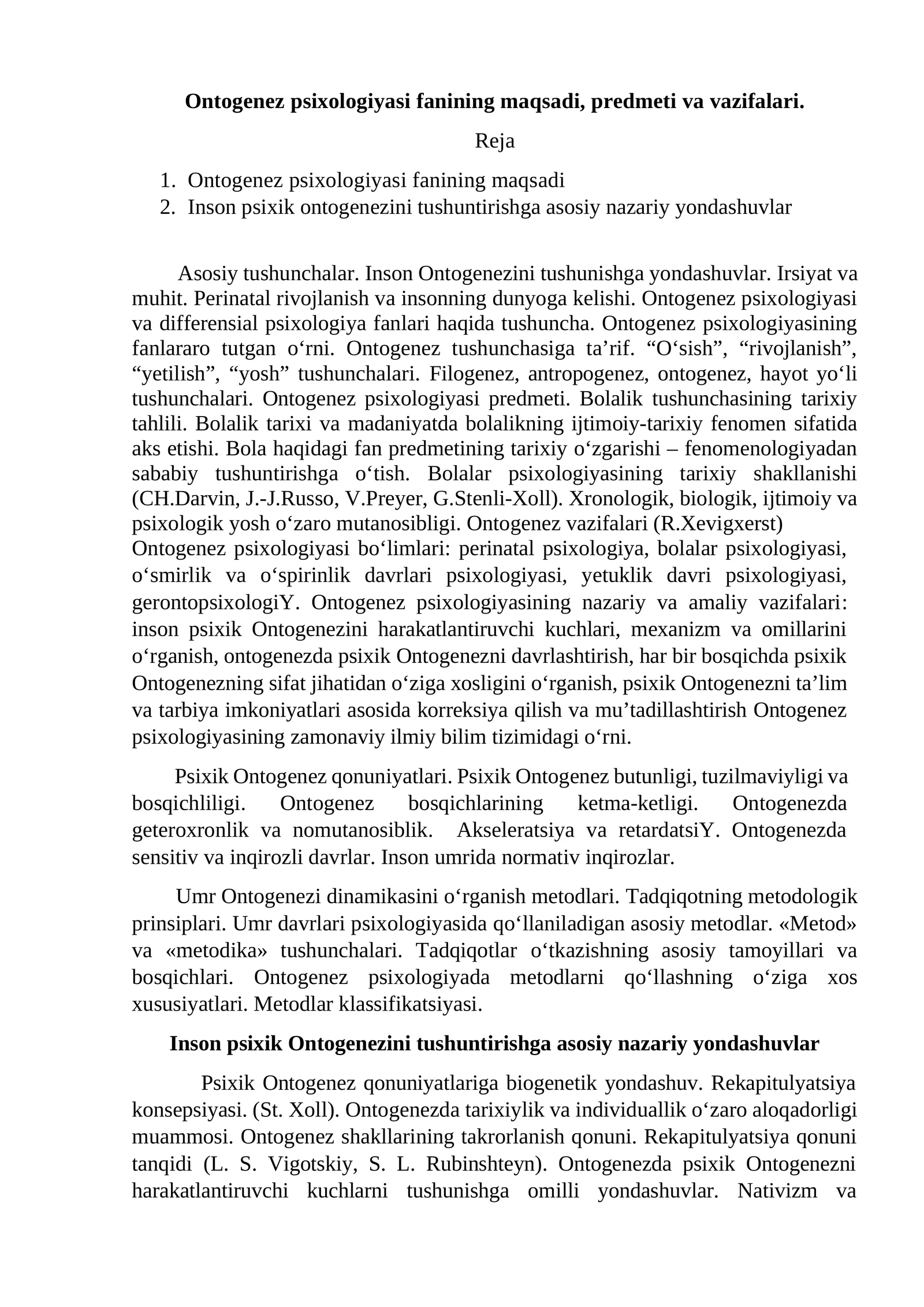 Ontogenez psixologiyasi fanining maqsadi, predmeti va vazifalari
