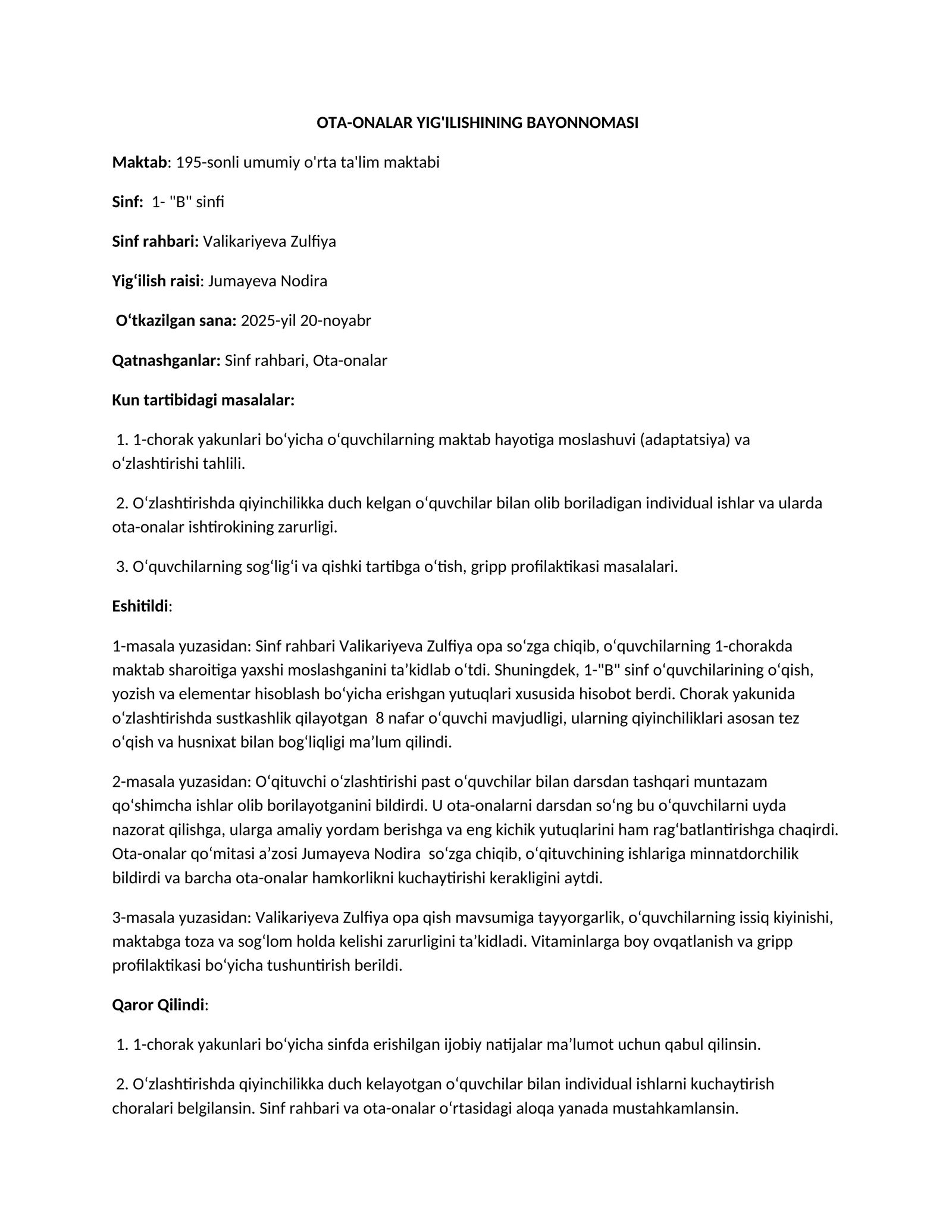 OTA-ONALAR YIG'ILISHINING BAYONNOMASI