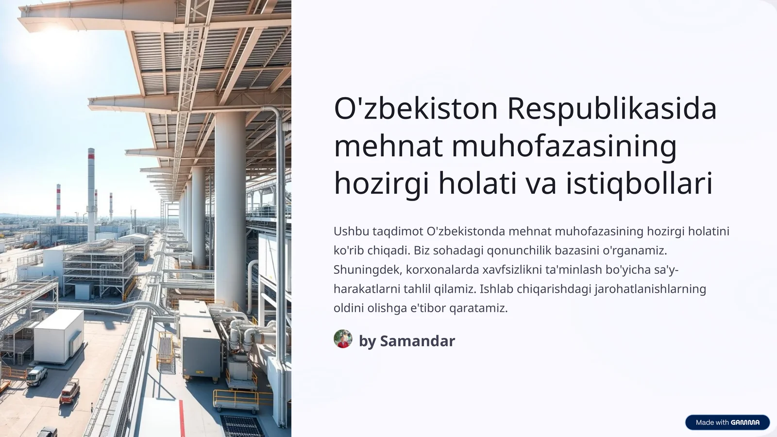 O'zbekiston Respublikasida mehnat muhofazasining hozirgi holati va istiqbollari