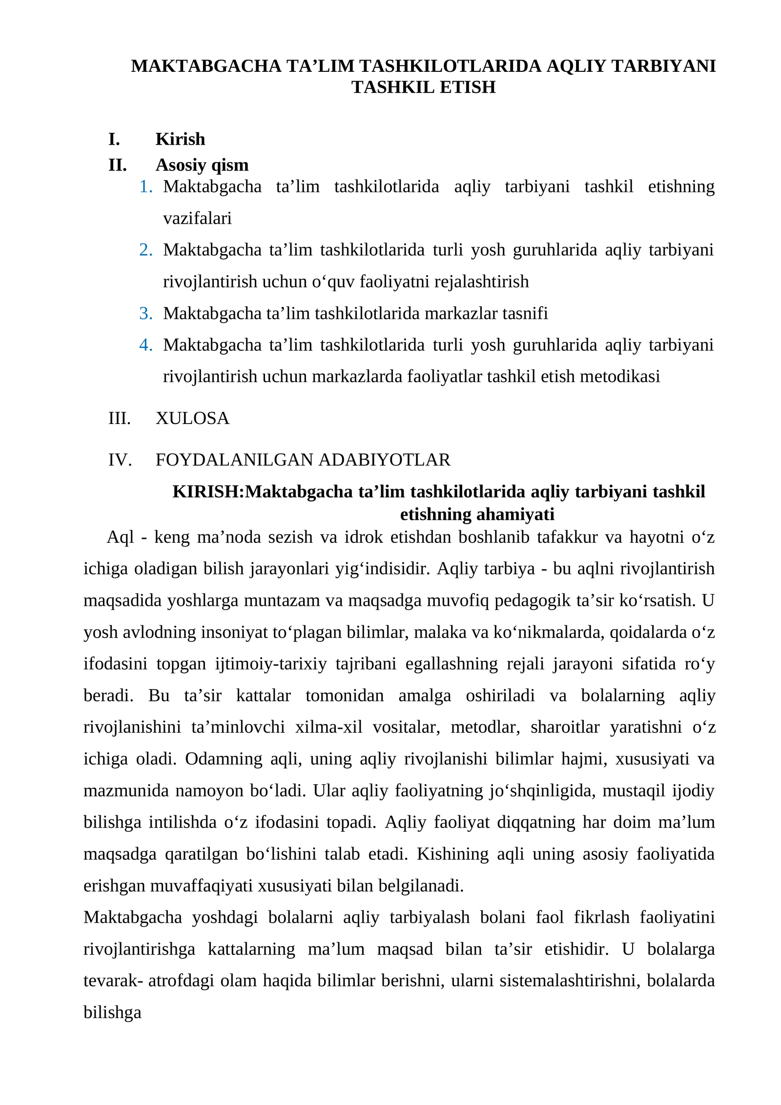 MAKTABGACHA TA’LIM TASHKILOTLARIDA AQLIY TARBIYANI TASHKIL ETISH