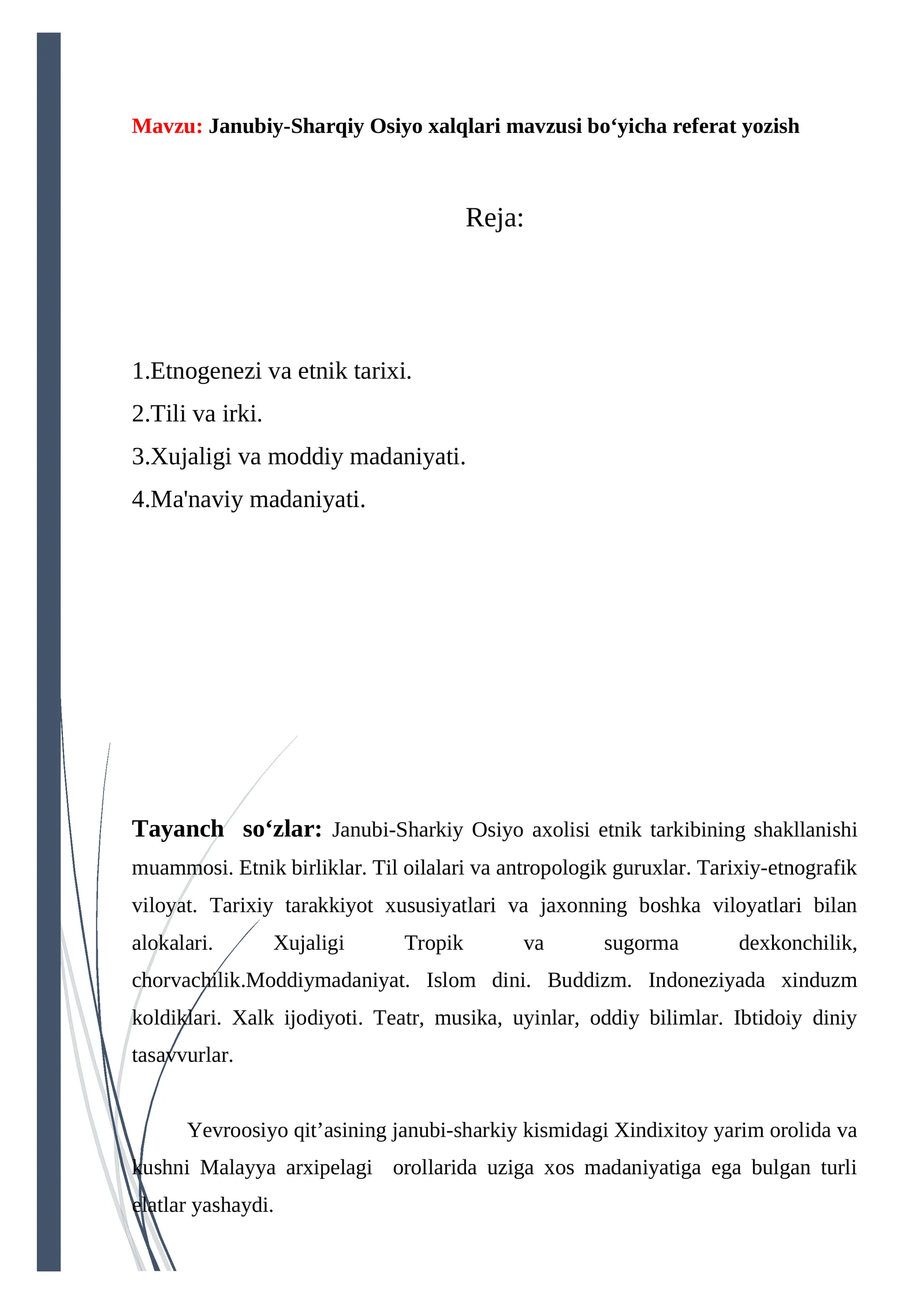 Janubiy-Sharqiy Osiyo xalqlari mavzusi bo‘yicha referat yozish