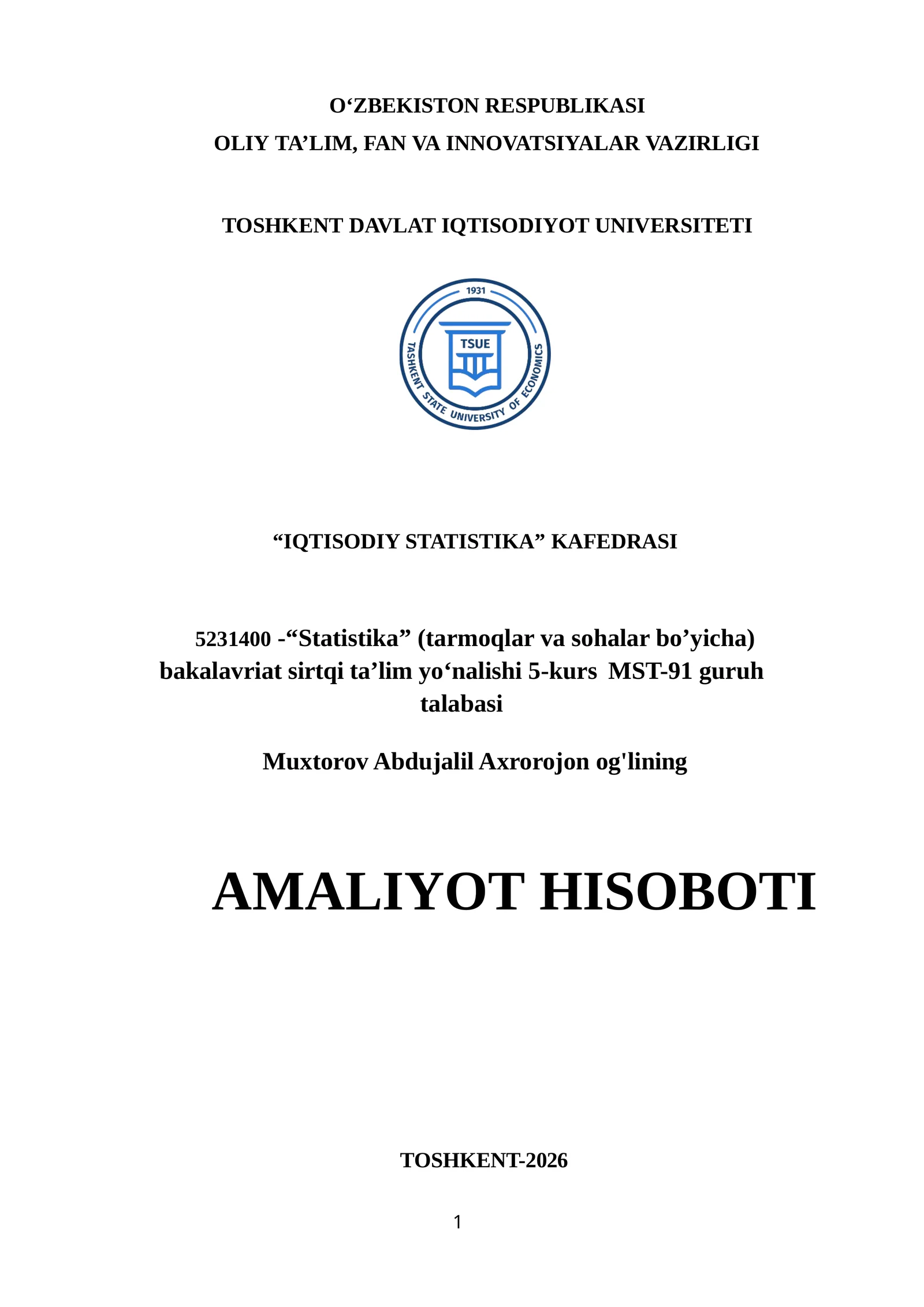 AMALIYOT HISOBOTI. Iqtisodiyot va moliya vazirligi
