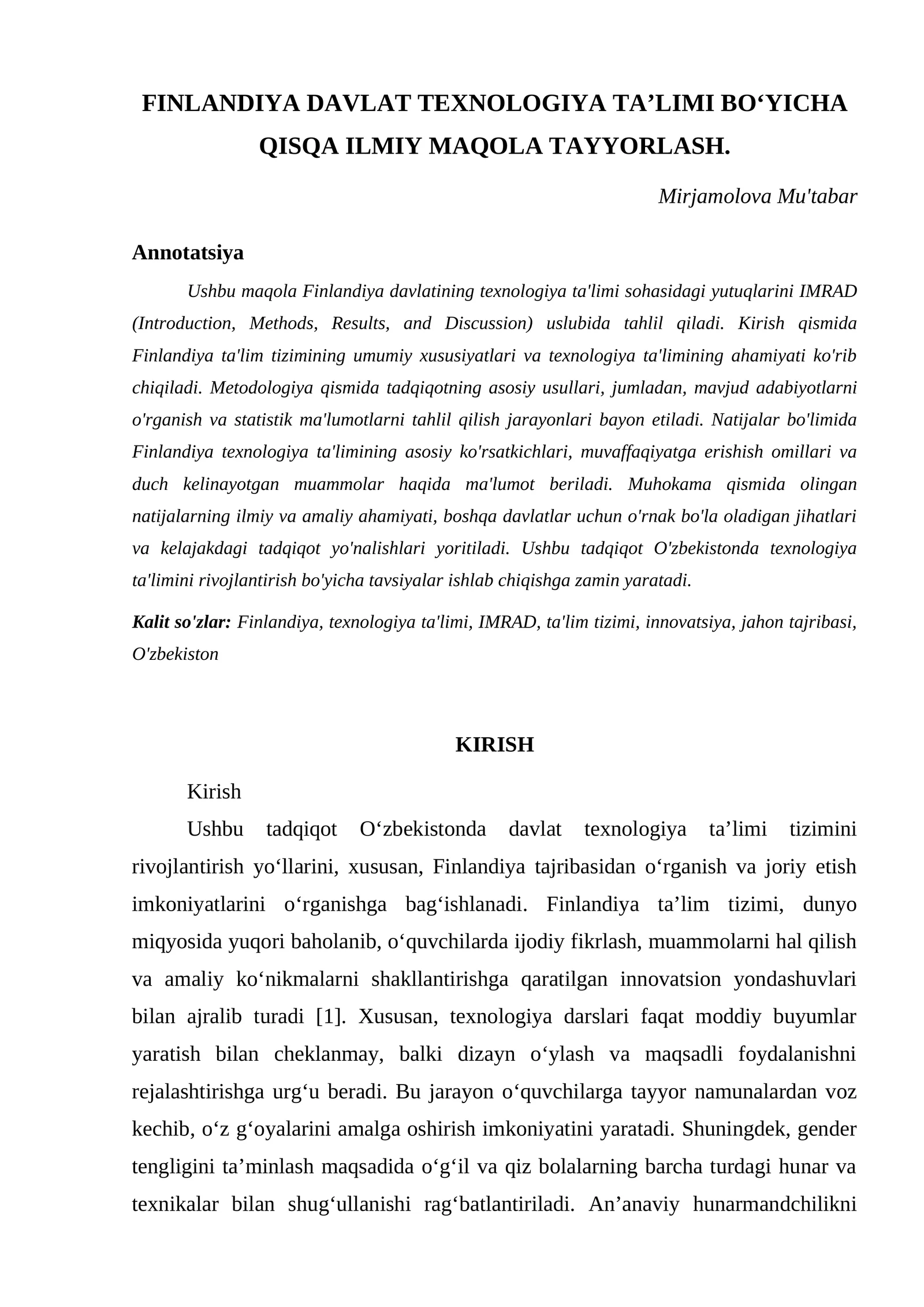 FINLANDIYA DAVLAT TEXNOLOGIYA TA’LIMI BO‘YICHA QISQA ILMIY MAQOLA TAYYORLASH