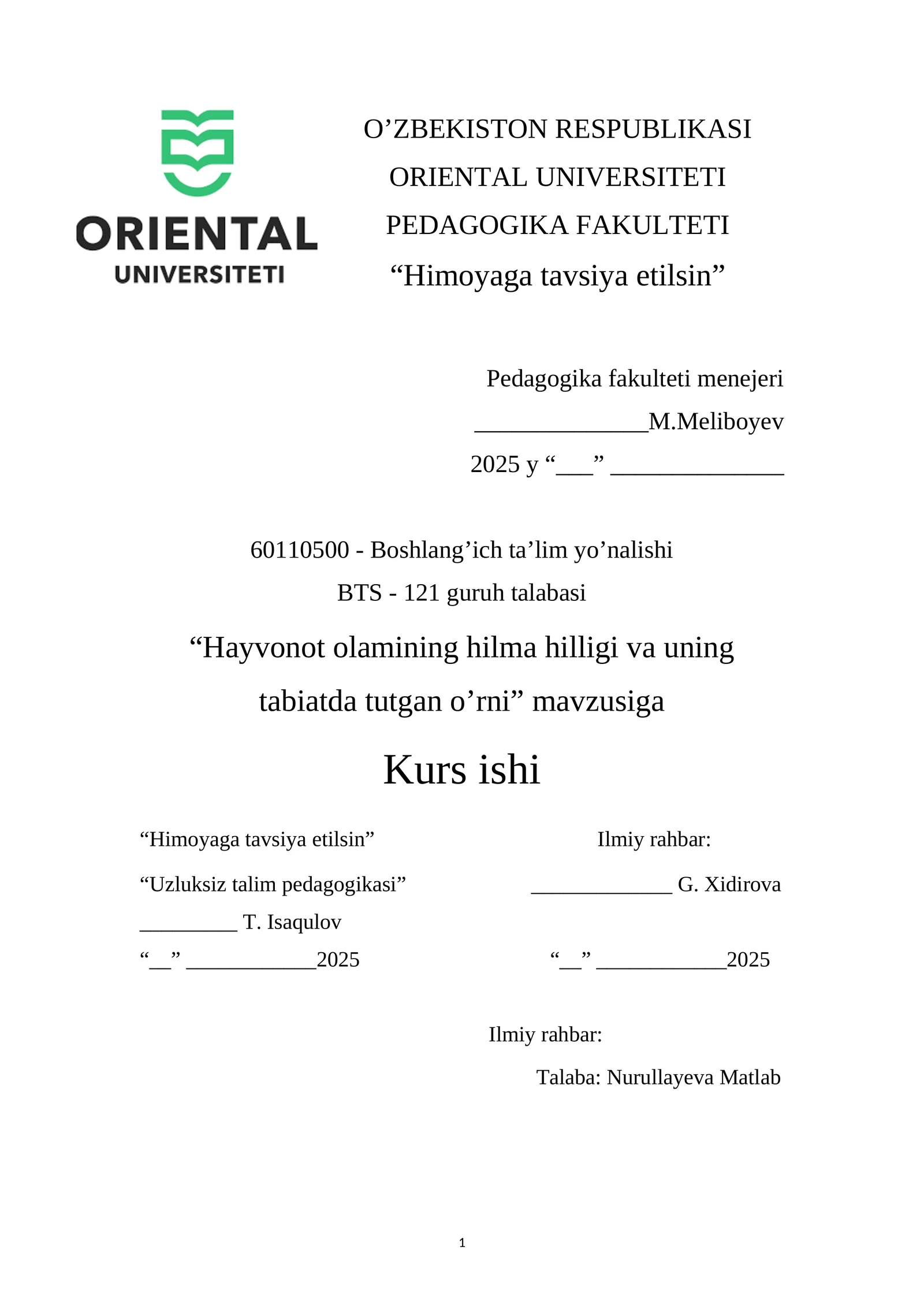 Hayvonot olamining hilma hilligi va uning tabiatda tutgan o'rni