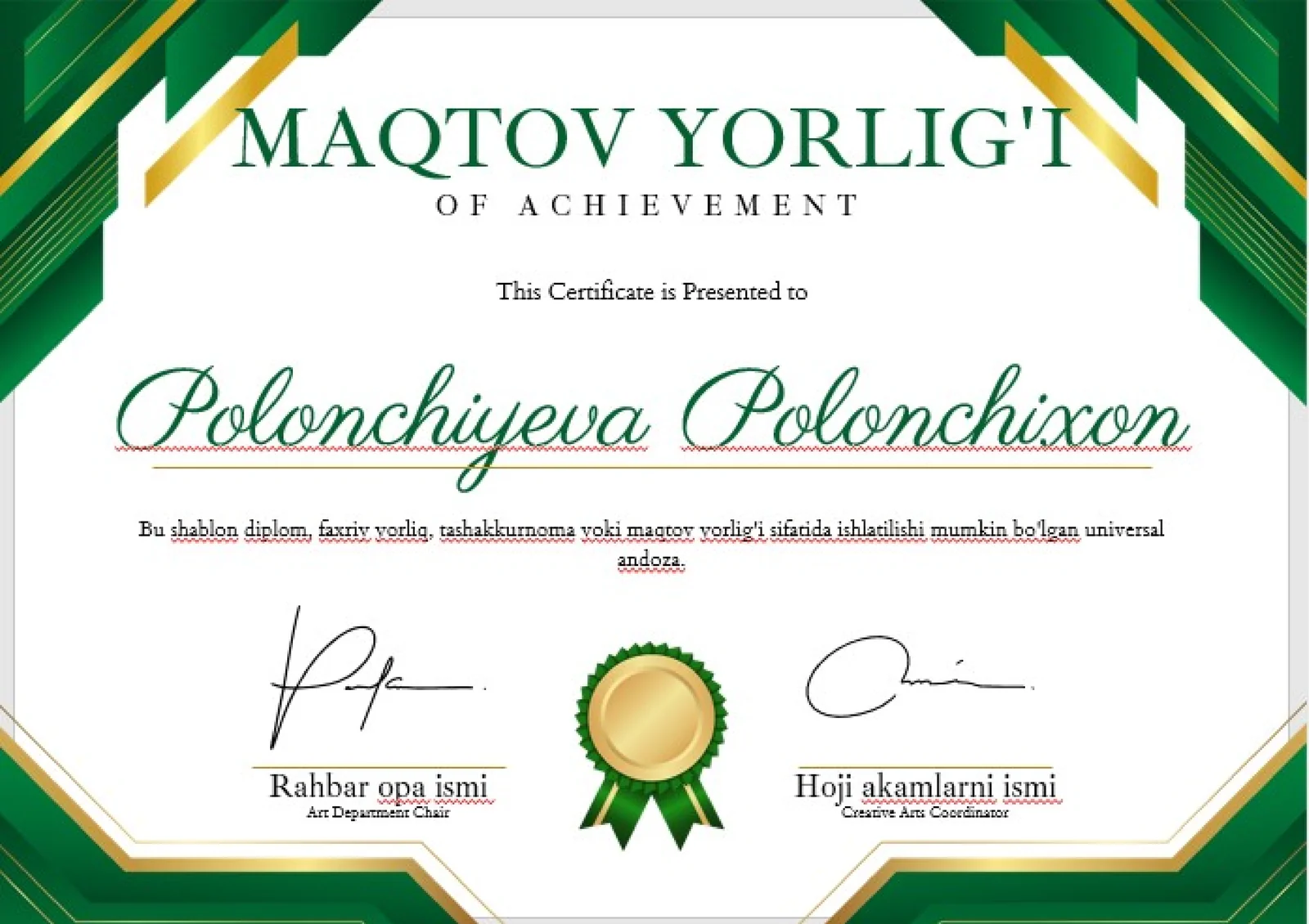 MAQTOV YORLIG'I OF ACHIEVEMENT