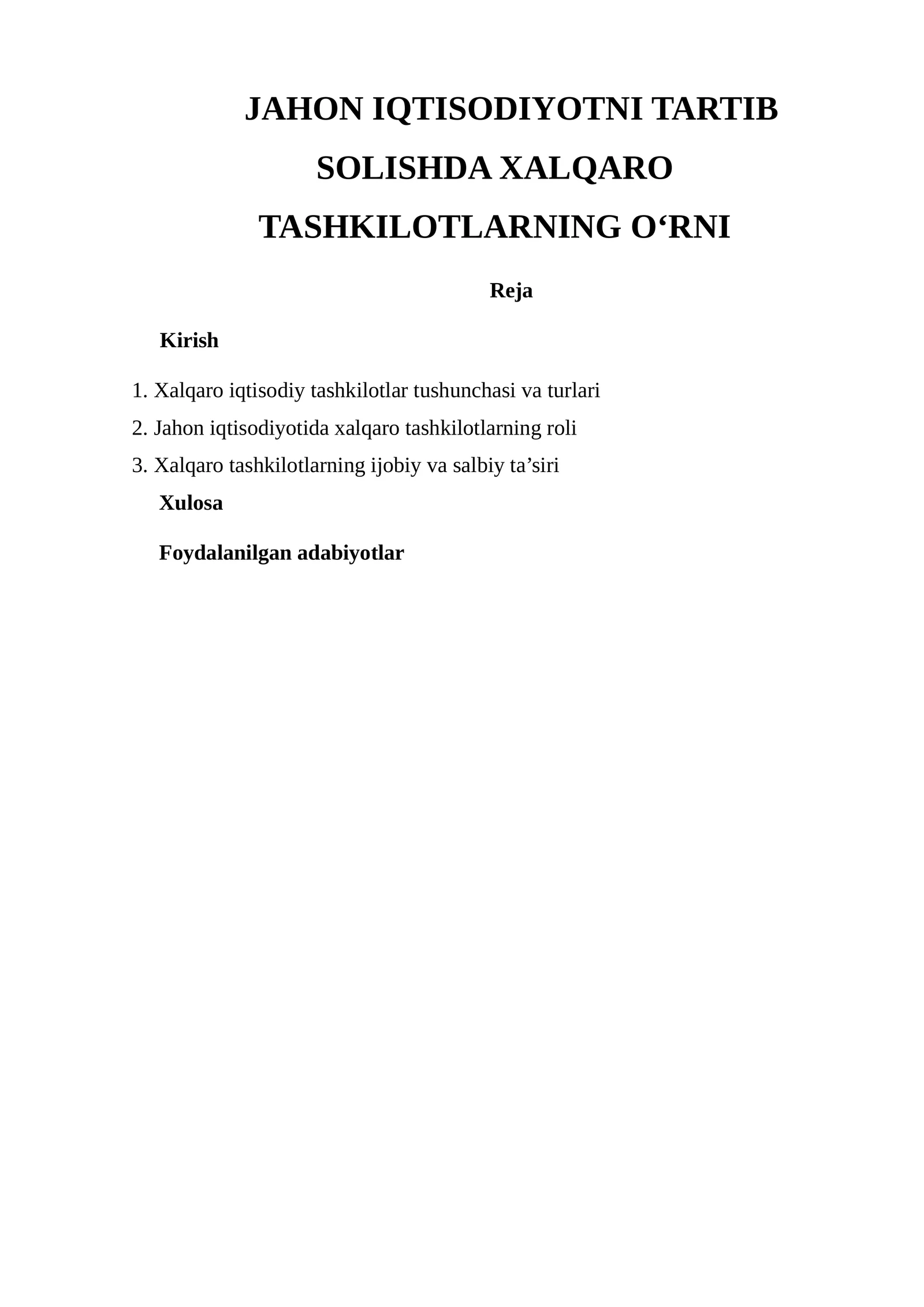 Xalqaro tashkilotlar va jahon iqtisodiyoti