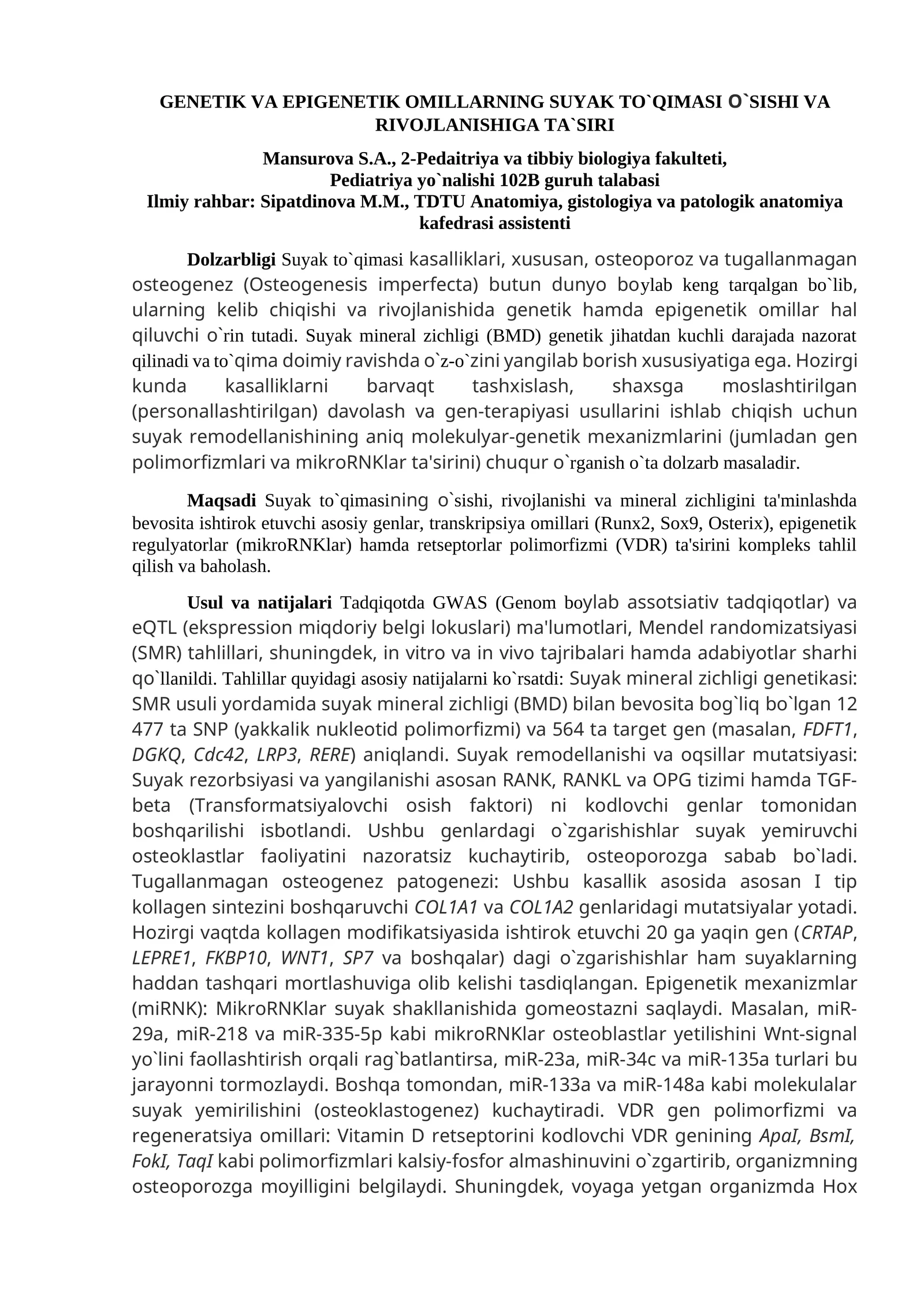 GENETIK VA EPIGENETIK OMILLARNING SUYAK TO`QIMASI O`SISHI VA RIVOJLANISHIGA TA`SIRI