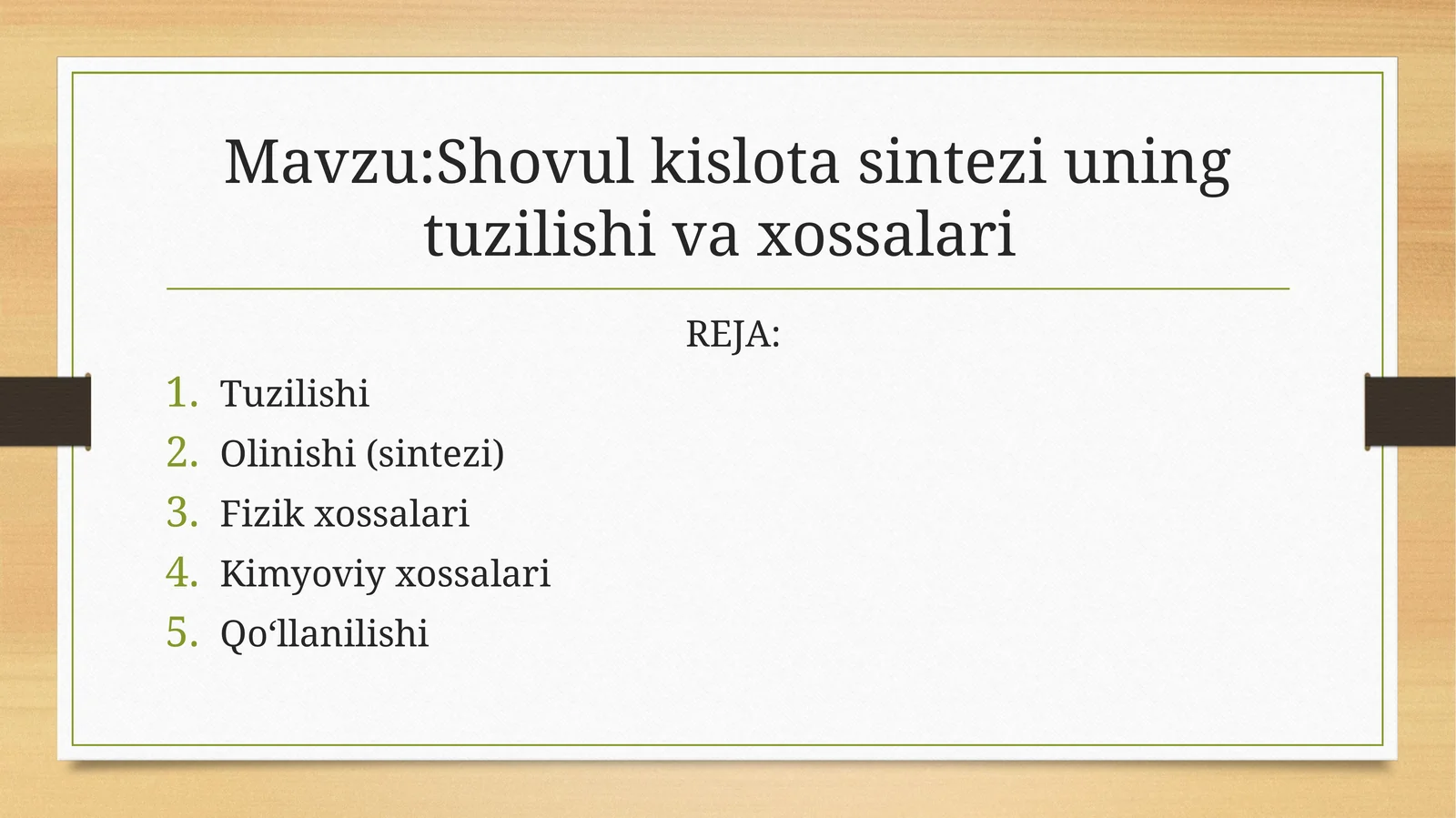 Shovul kislota sintezi uning tuzilishi va xossalari