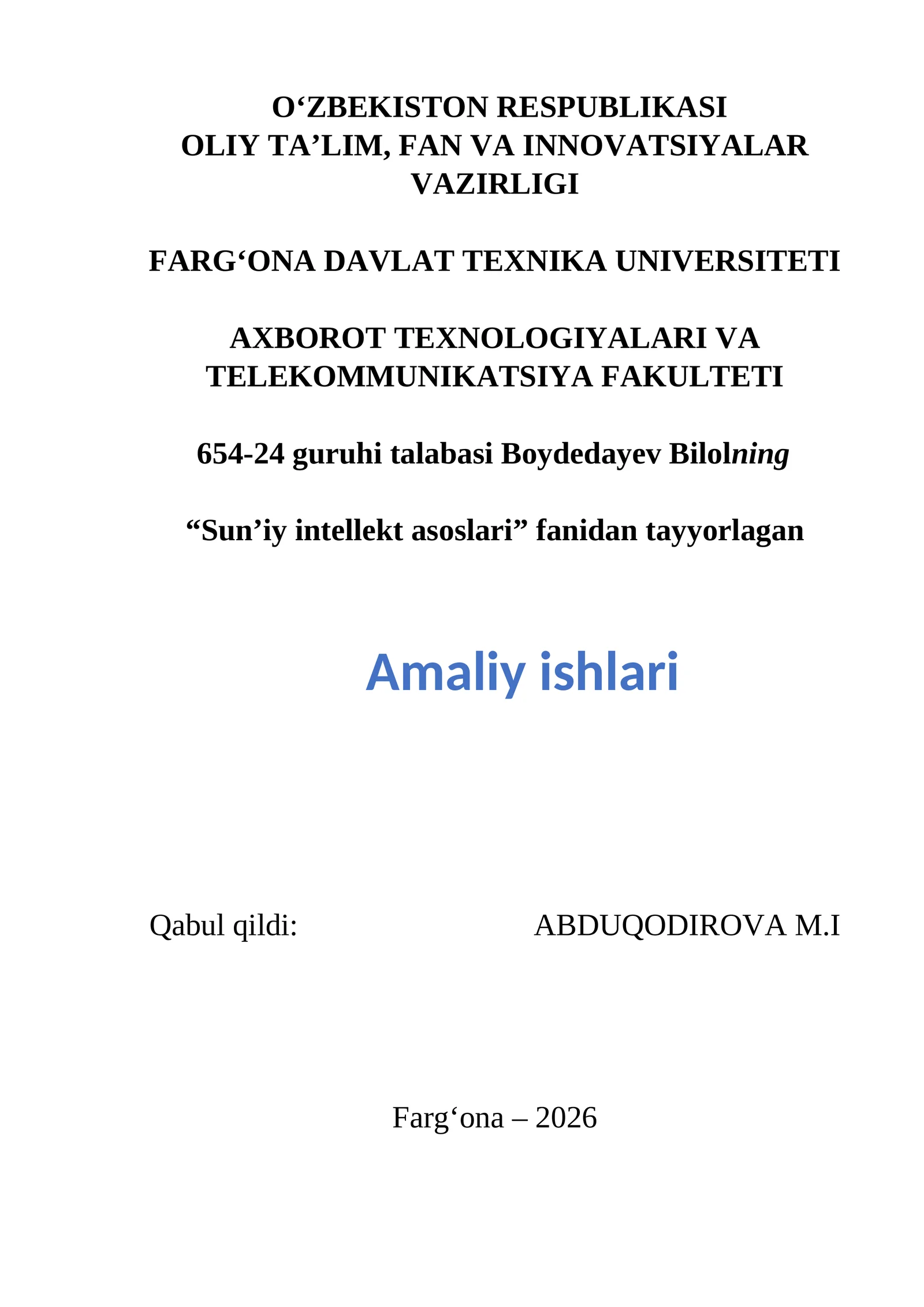 Sun'iy intelekt asoslari amaliy ishlar toplami 2 kurs talabalari uchun