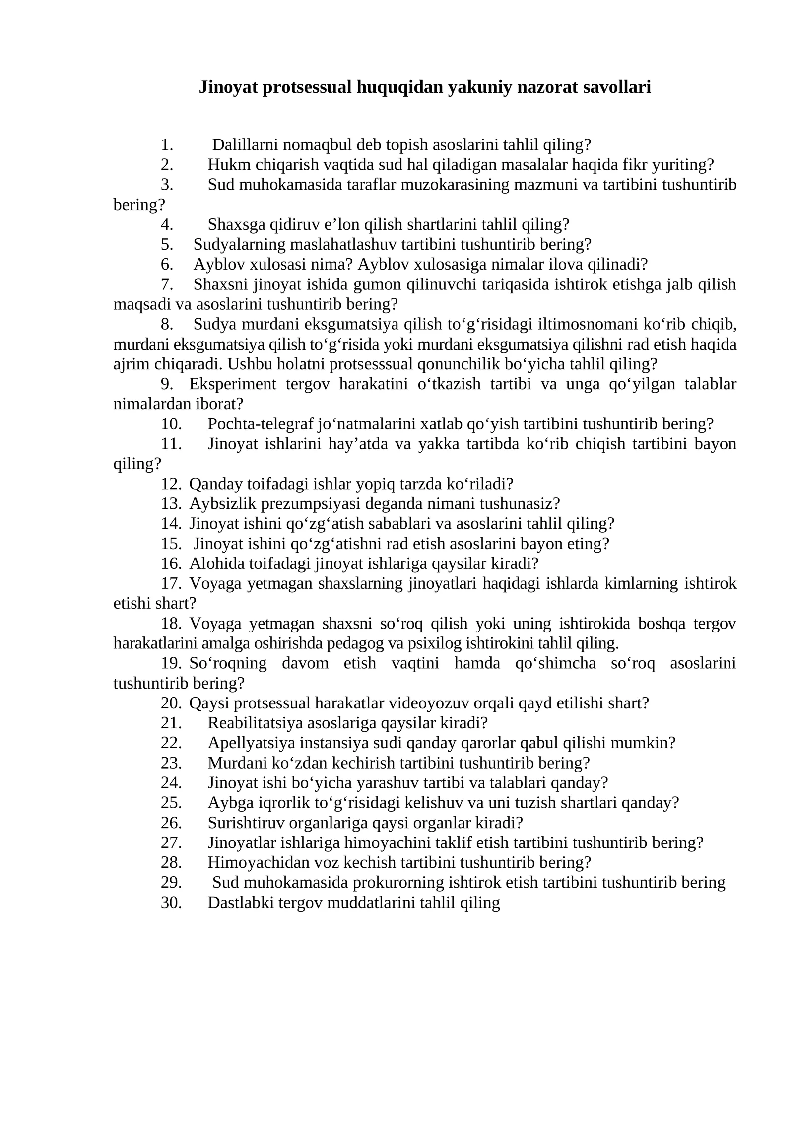 Jinoyat protsessual huquqidan yakuniy nazorat savollari