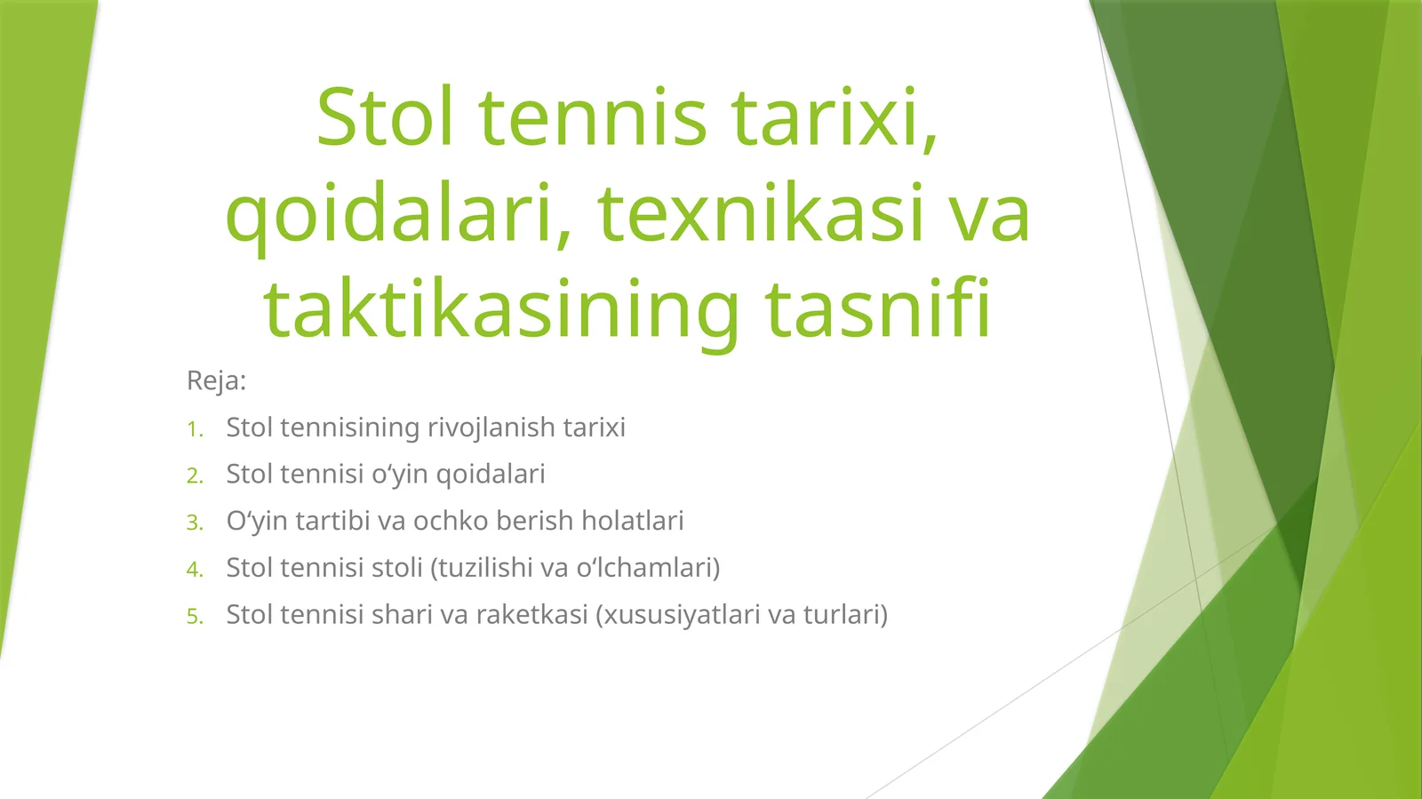 Stol tennis tarixi, qoidalari, texnikasi va taktikasining tasnifi