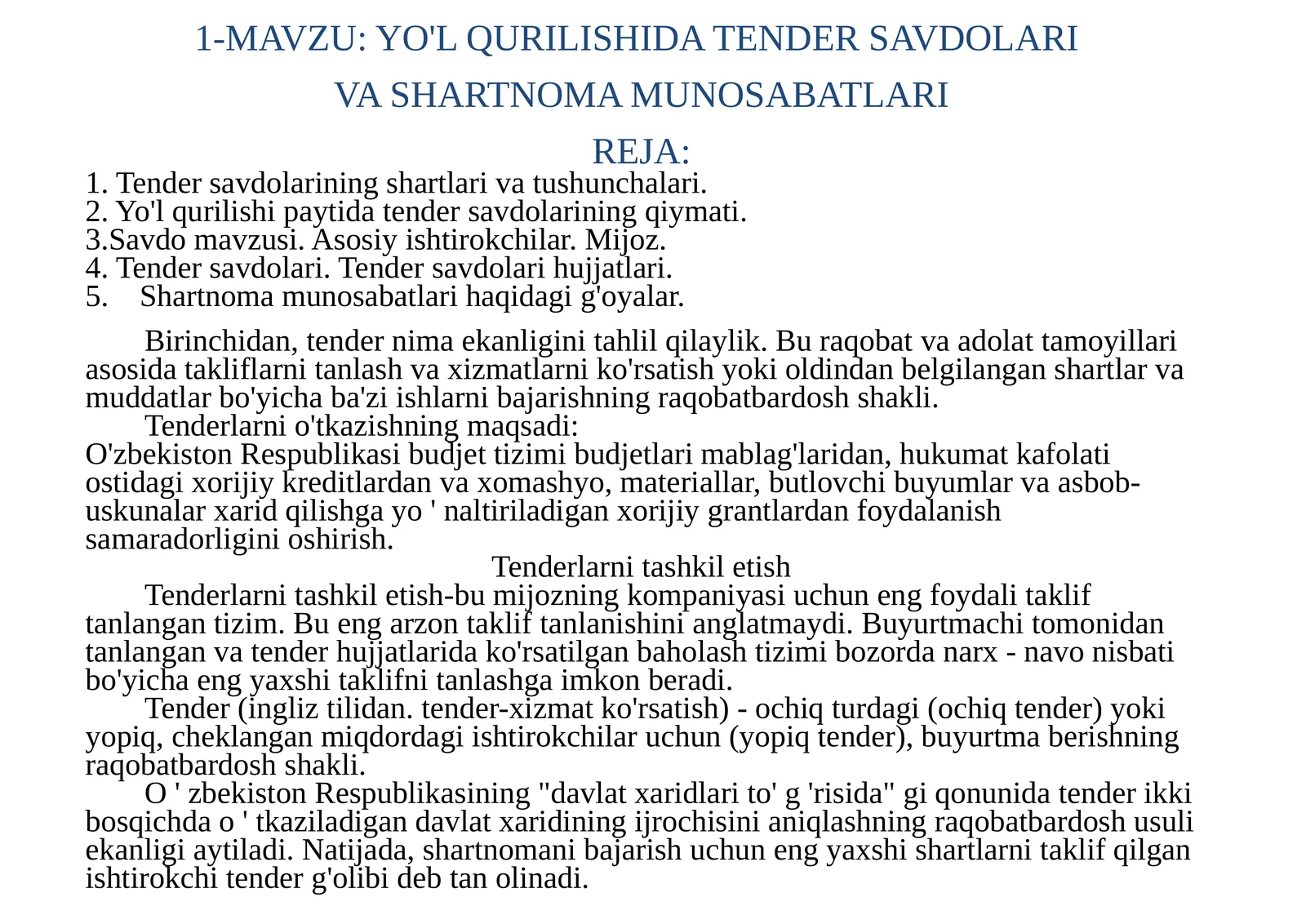 YO'L QURILISHIDA TENDER SAVDOLARI VASHARTNOMA MUNOSABATLARI