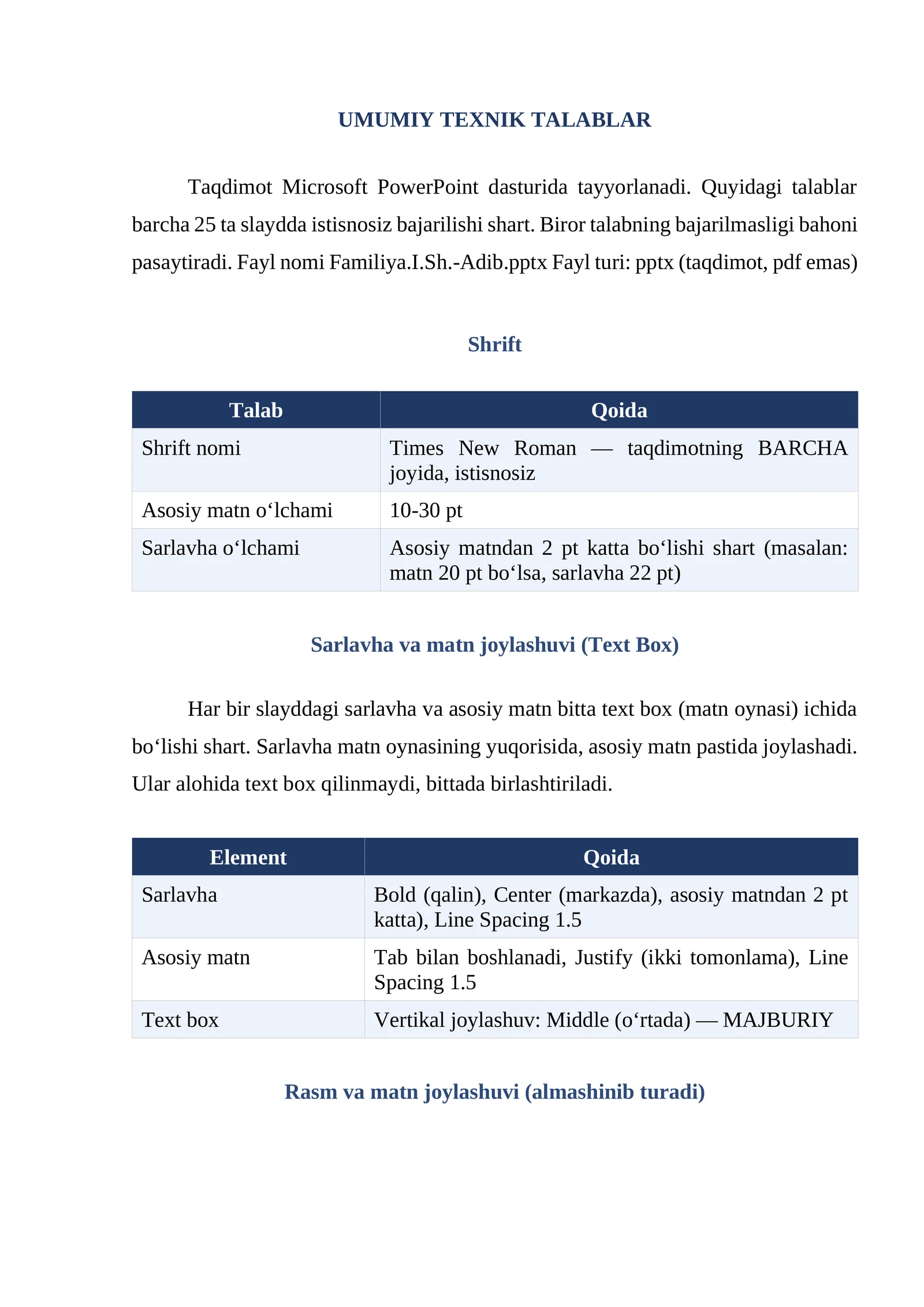 UMUMIY TEXNIK TALABLAR