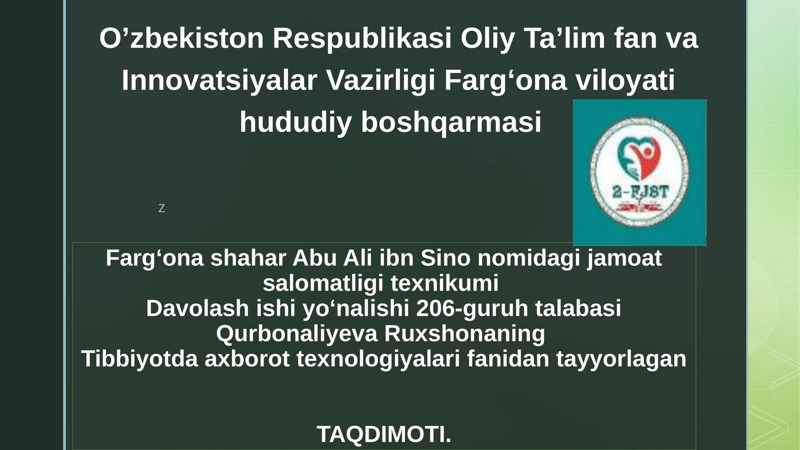 Tibbiyotda axborot texnologiyalari fanidan tayyorlangan TAQDIMOTI